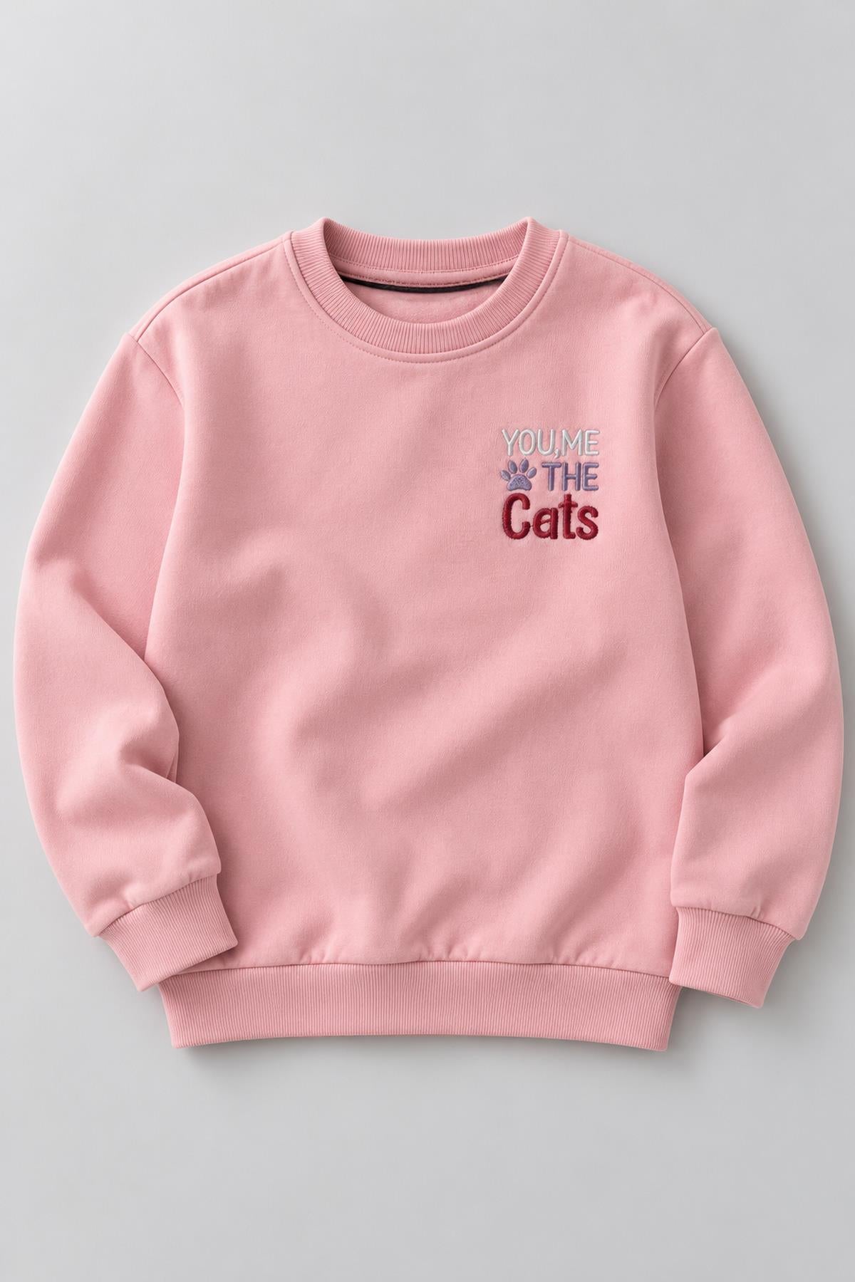 Kız Çocuk 2'li Kedi Baskılı ve Nakışlı Kışlık Sweatshirt