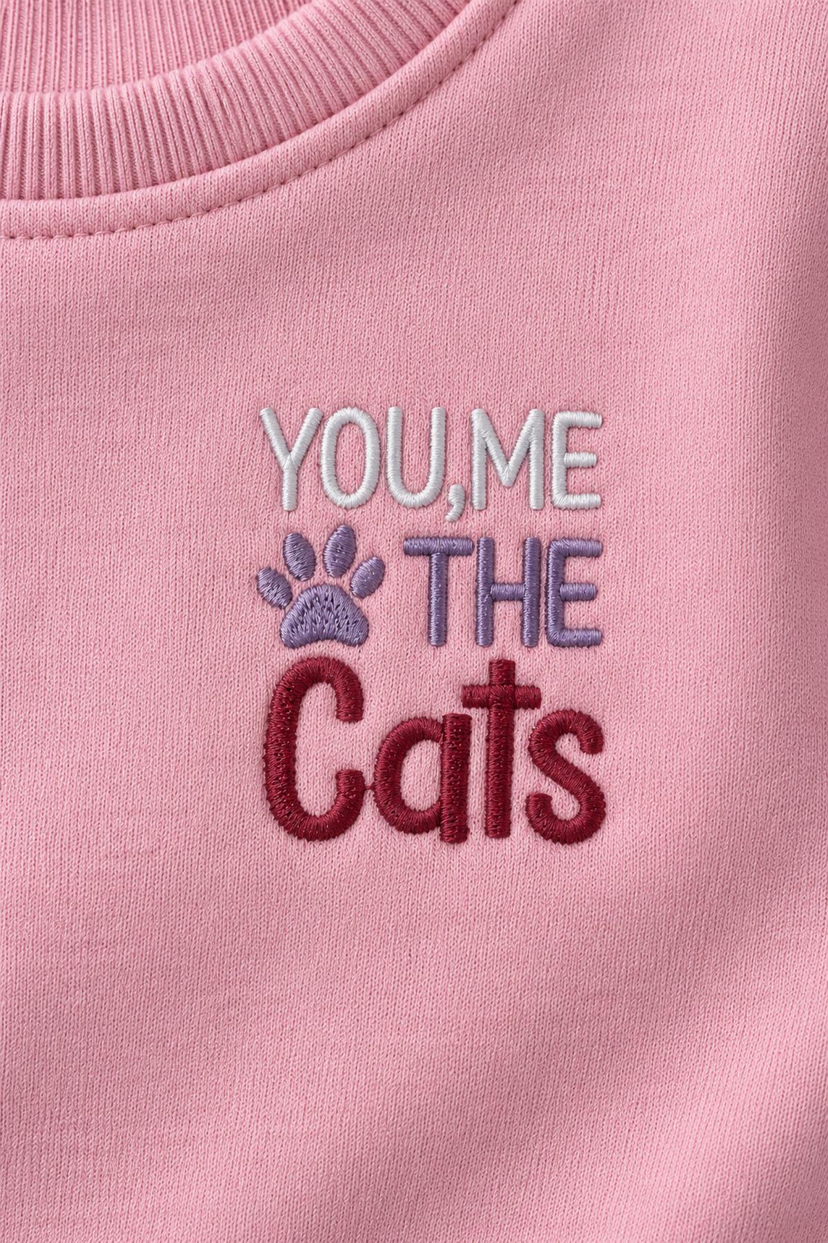 Kız Çocuk 2'li Kedi Baskılı ve Nakışlı Kışlık Sweatshirt