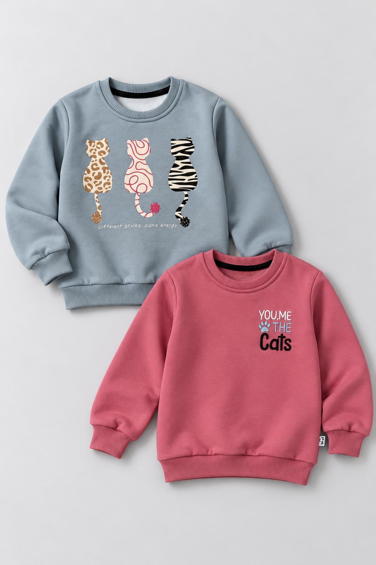 Kız Çocuk 2'li Kedi Baskılı ve Nakışlı Kışlık Sweatshirt