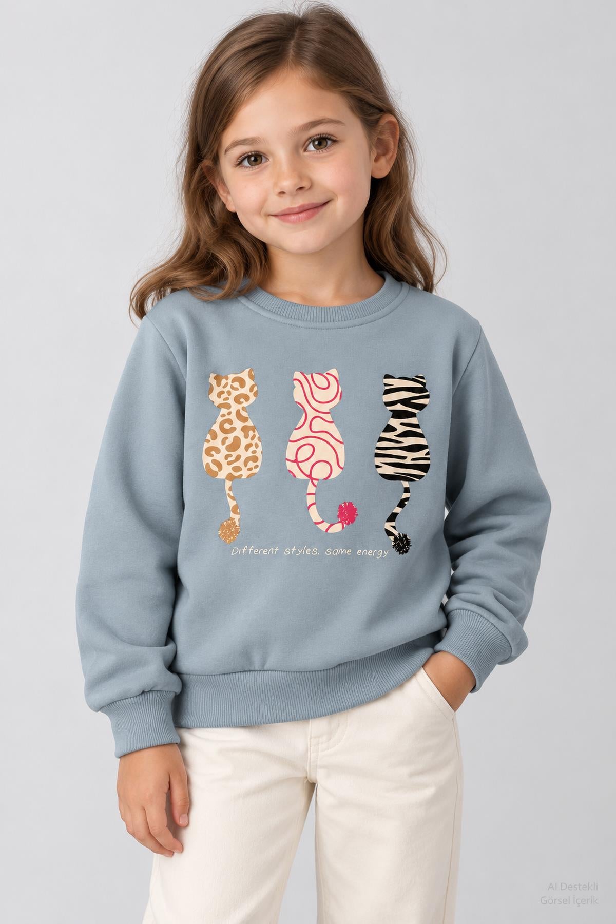 Kız Çocuk 2'li Kedi Baskılı ve Nakışlı Kışlık Sweatshirt