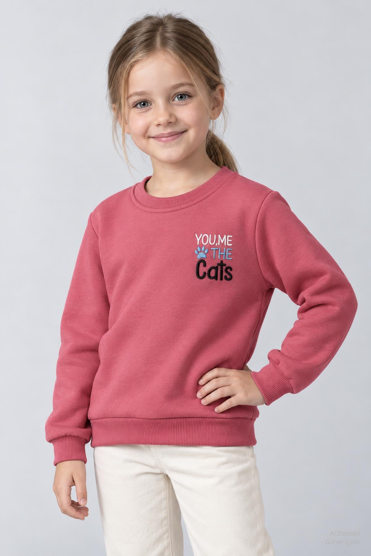 Kız Çocuk 2'li Kedi Baskılı ve Nakışlı Kışlık Sweatshirt