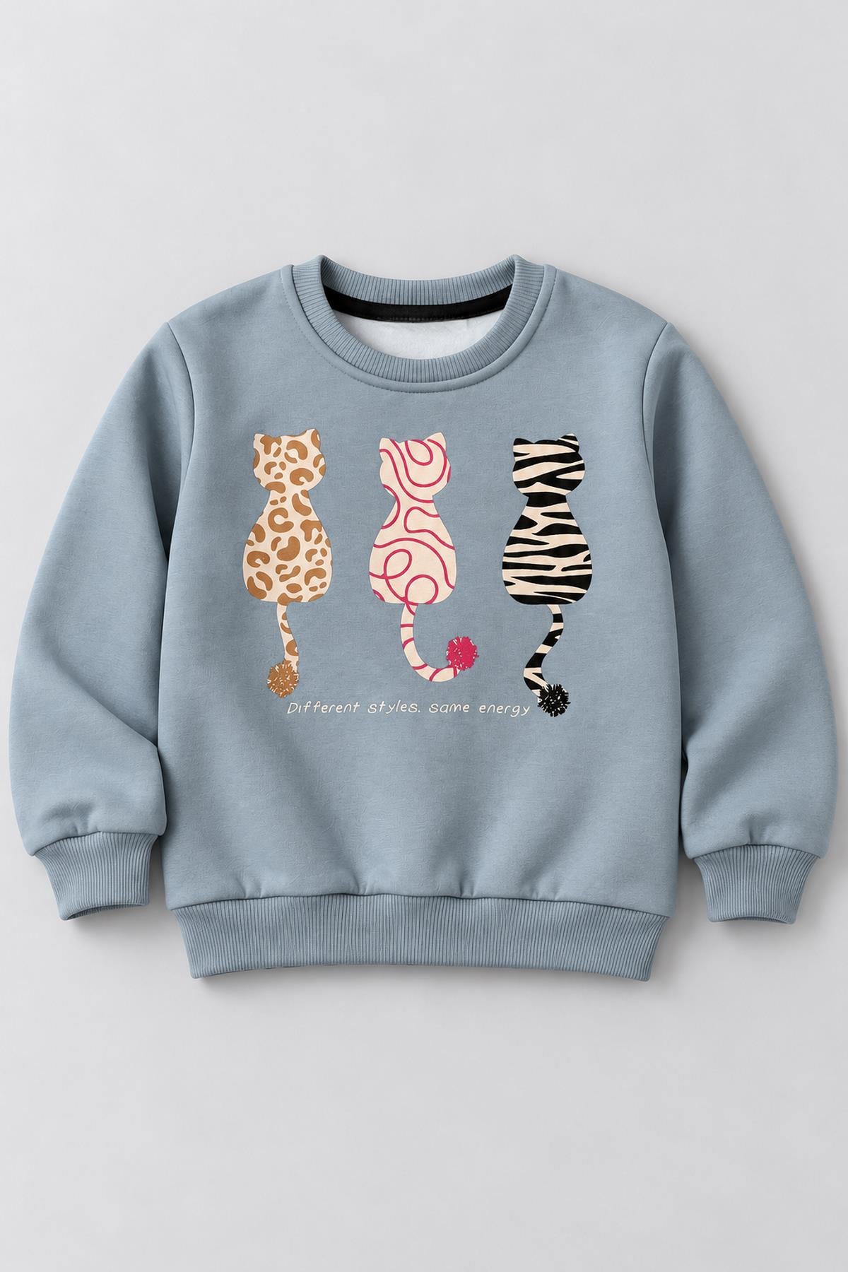 Kız Çocuk 2'li Kedi Baskılı ve Nakışlı Kışlık Sweatshirt