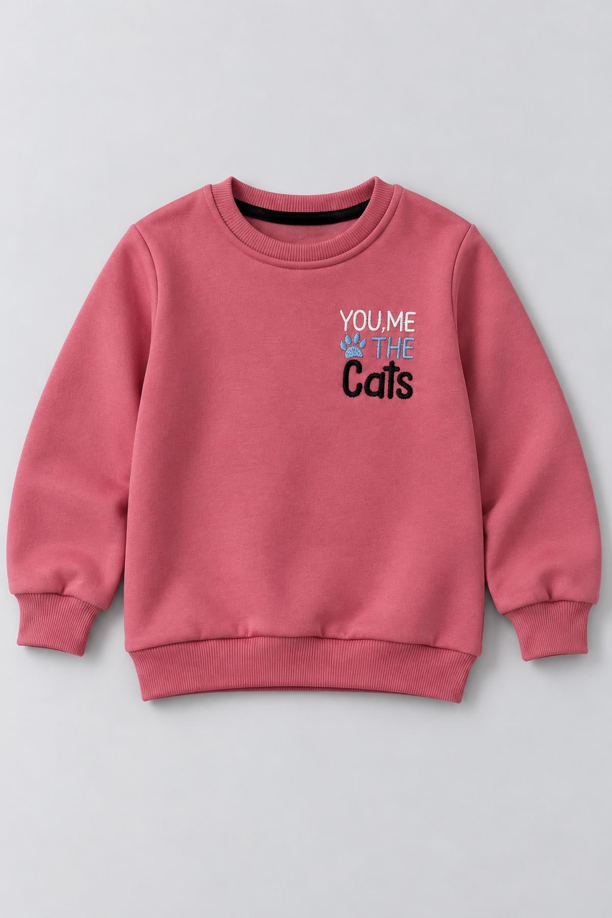 Kız Çocuk 2'li Kedi Baskılı ve Nakışlı Kışlık Sweatshirt