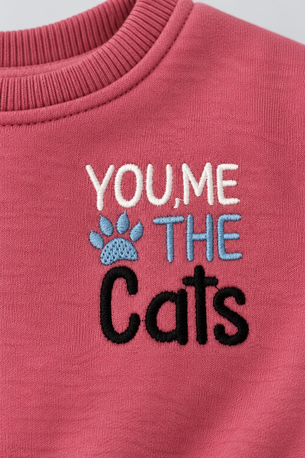Kız Çocuk 2'li Kedi Baskılı ve Nakışlı Kışlık Sweatshirt