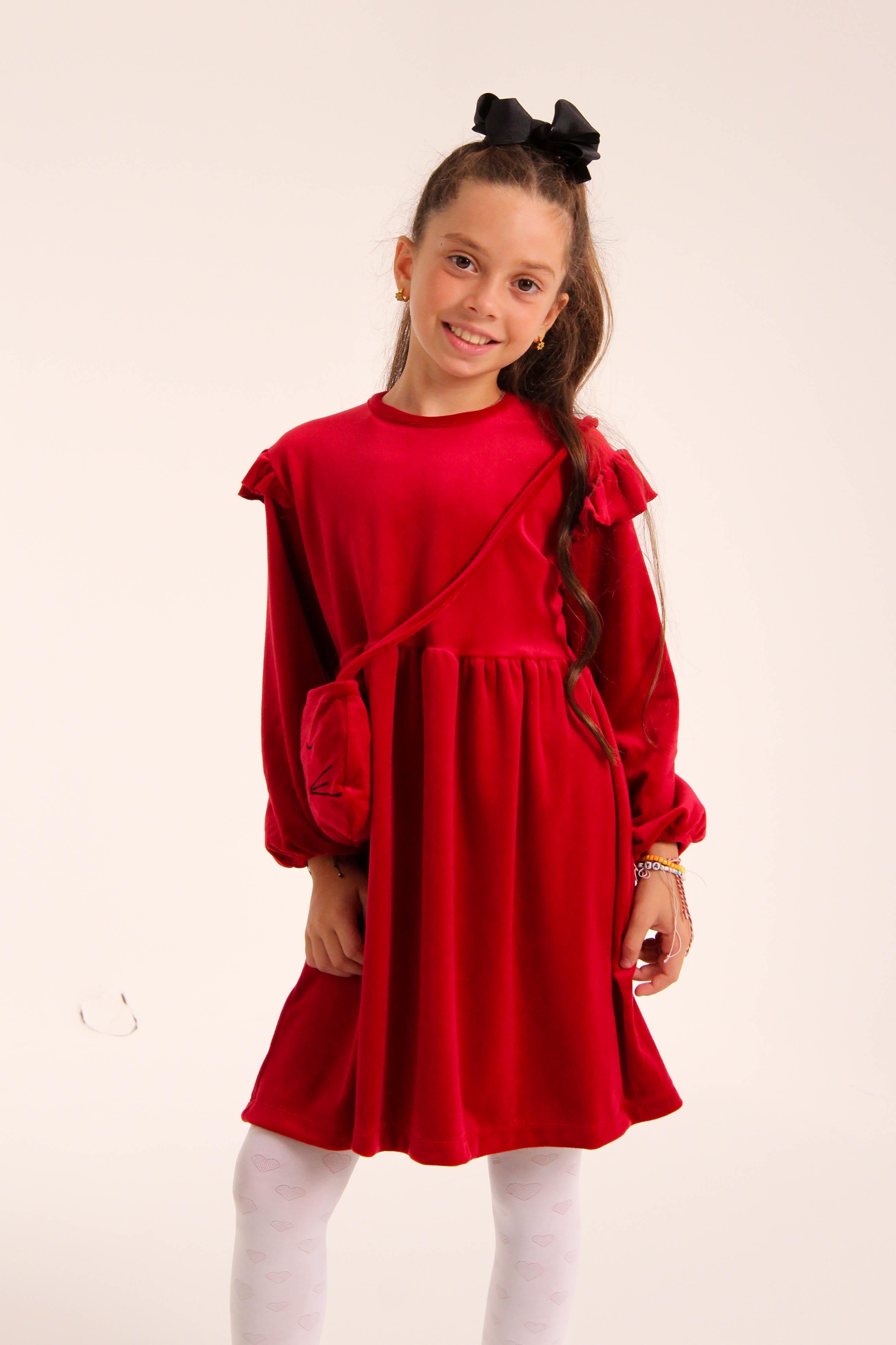 Kedi Desenli Çantalı Kız Çocuk Kadife Elbise