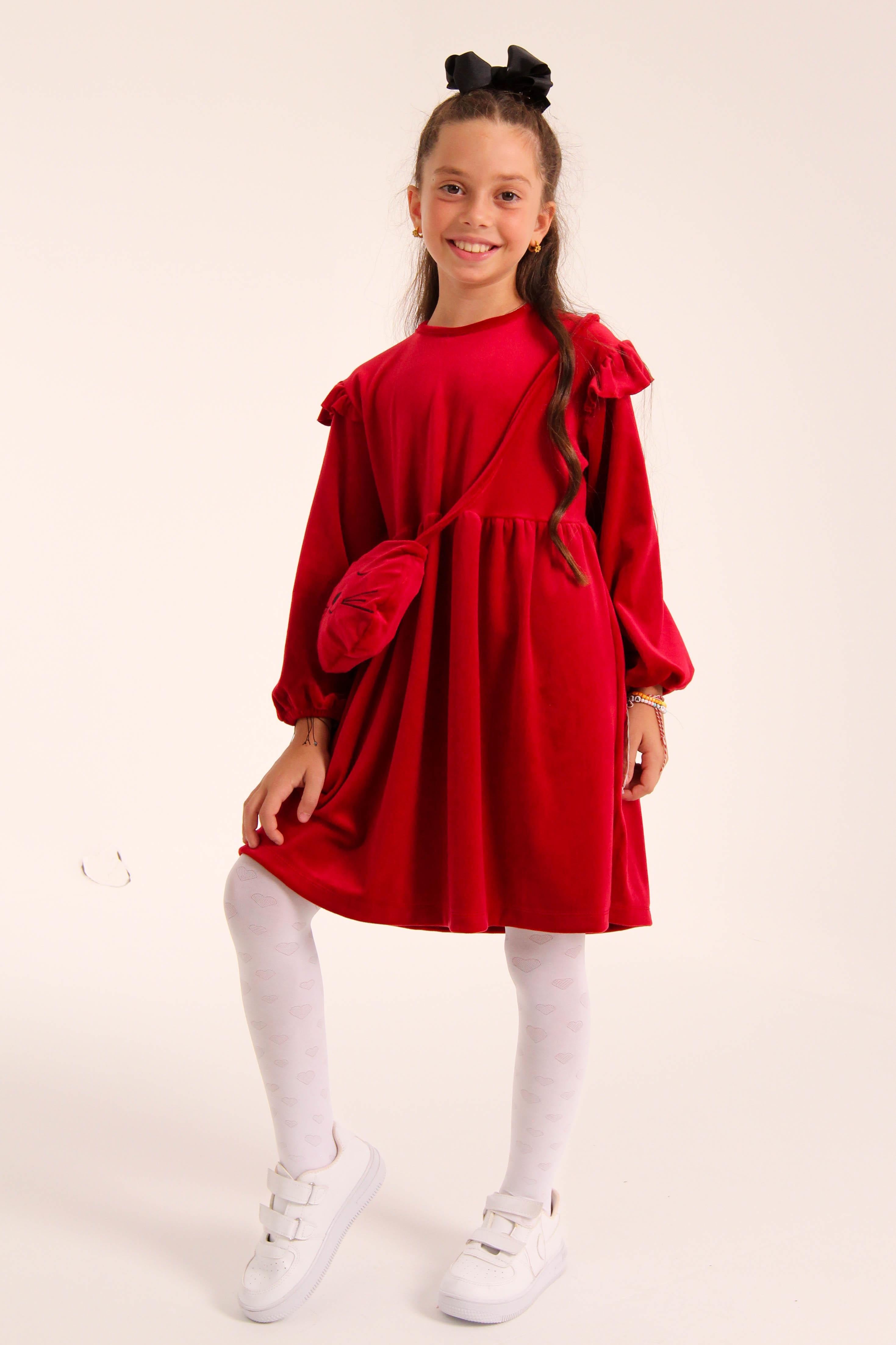 Kedi Desenli Çantalı Kız Çocuk Kadife Elbise