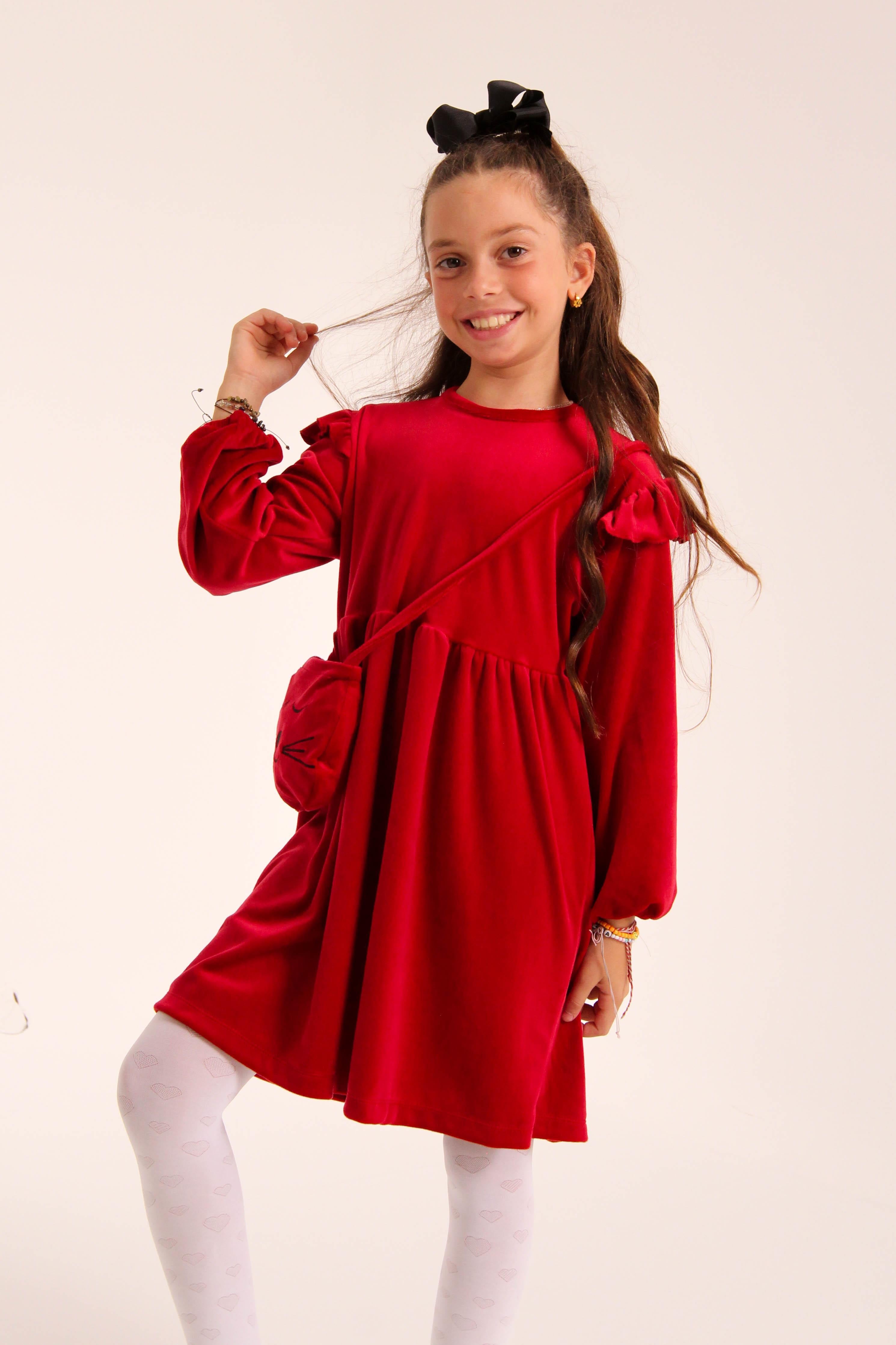 Kedi Desenli Çantalı Kız Çocuk Kadife Elbise