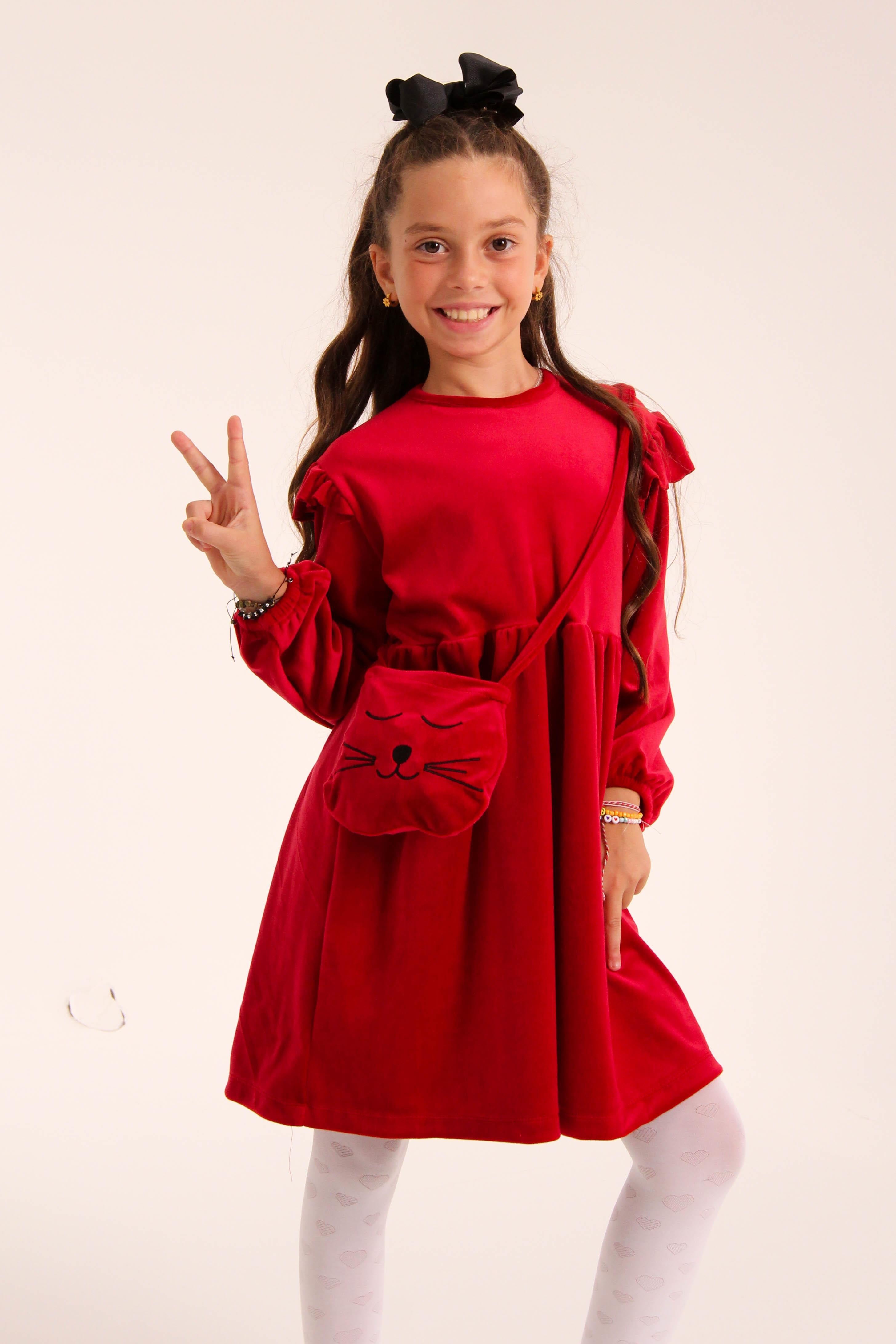 Kedi Desenli Çantalı Kız Çocuk Kadife Elbise