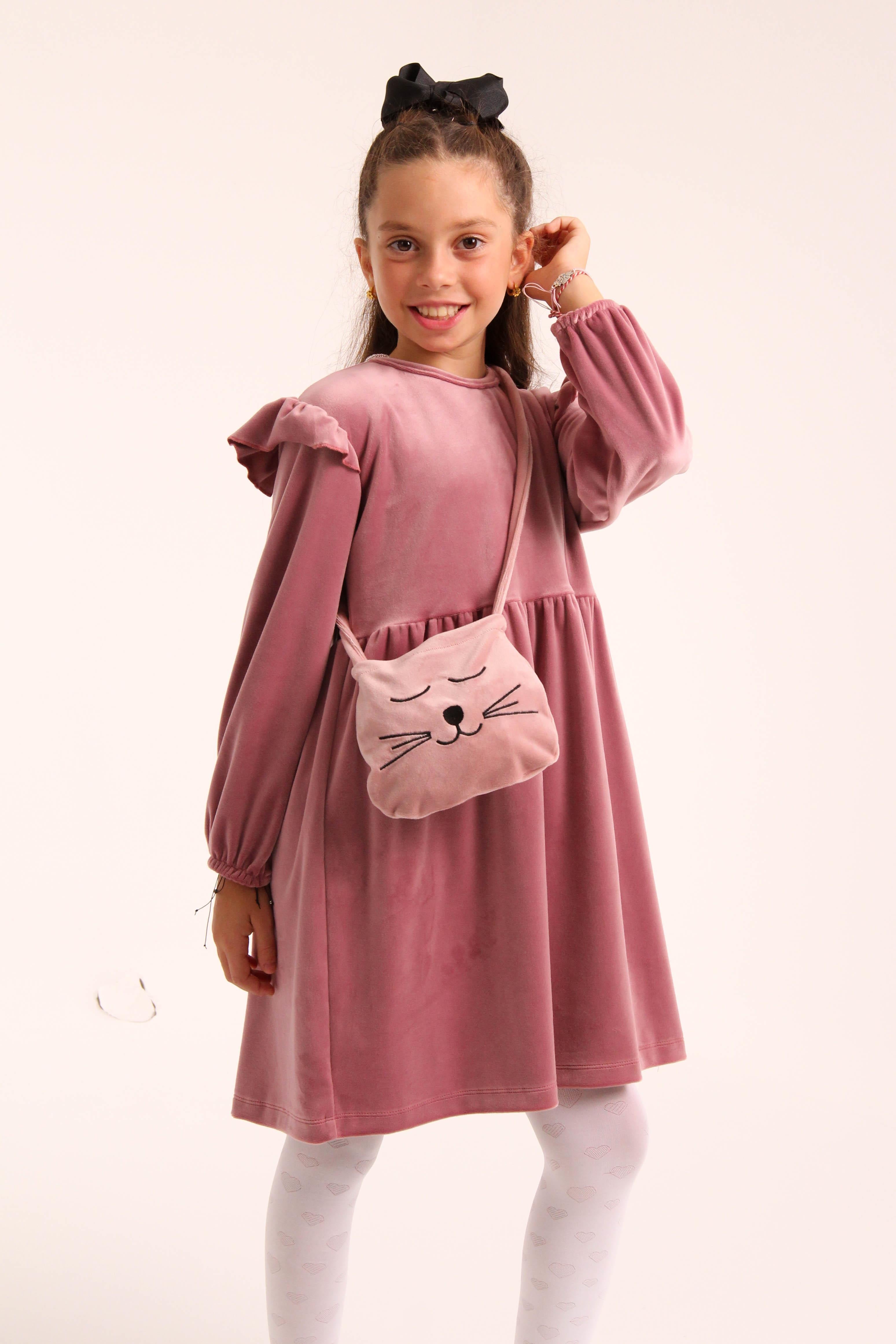 Kedi Desenli Çantalı Kız Çocuk Kadife Elbise