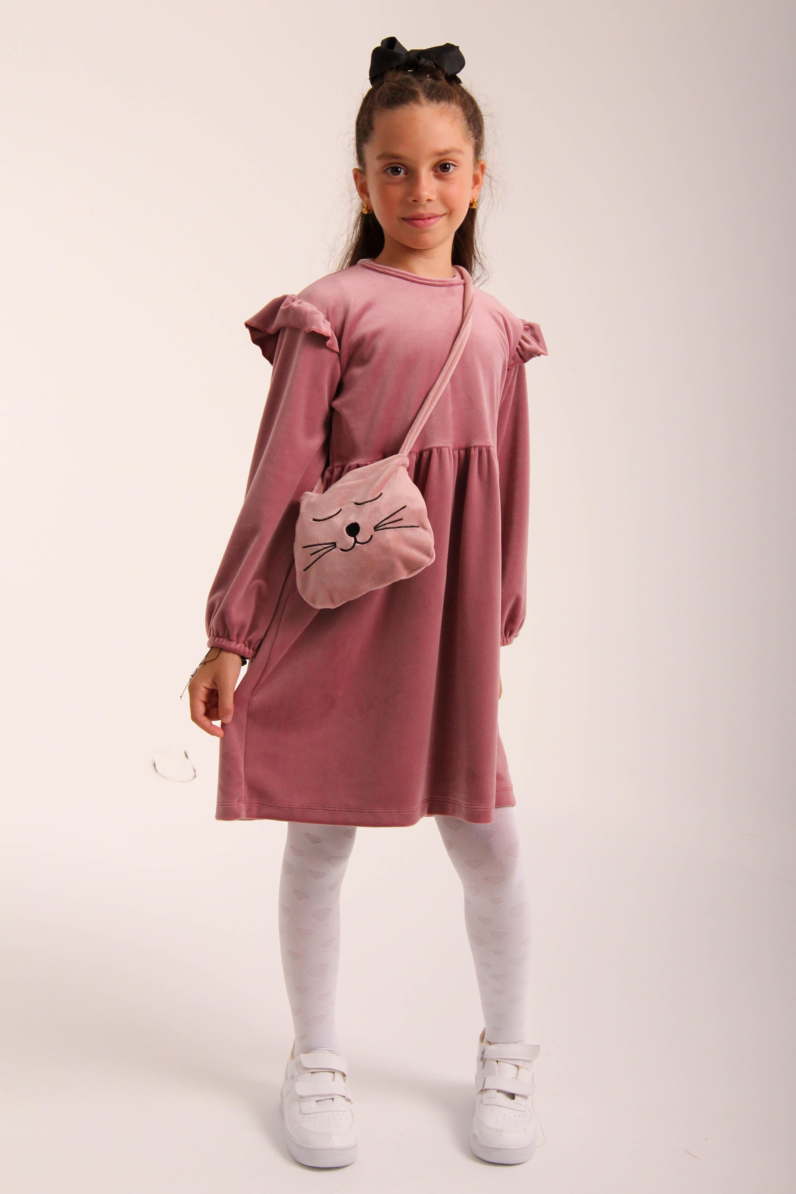 Kedi Desenli Çantalı Kız Çocuk Kadife Elbise