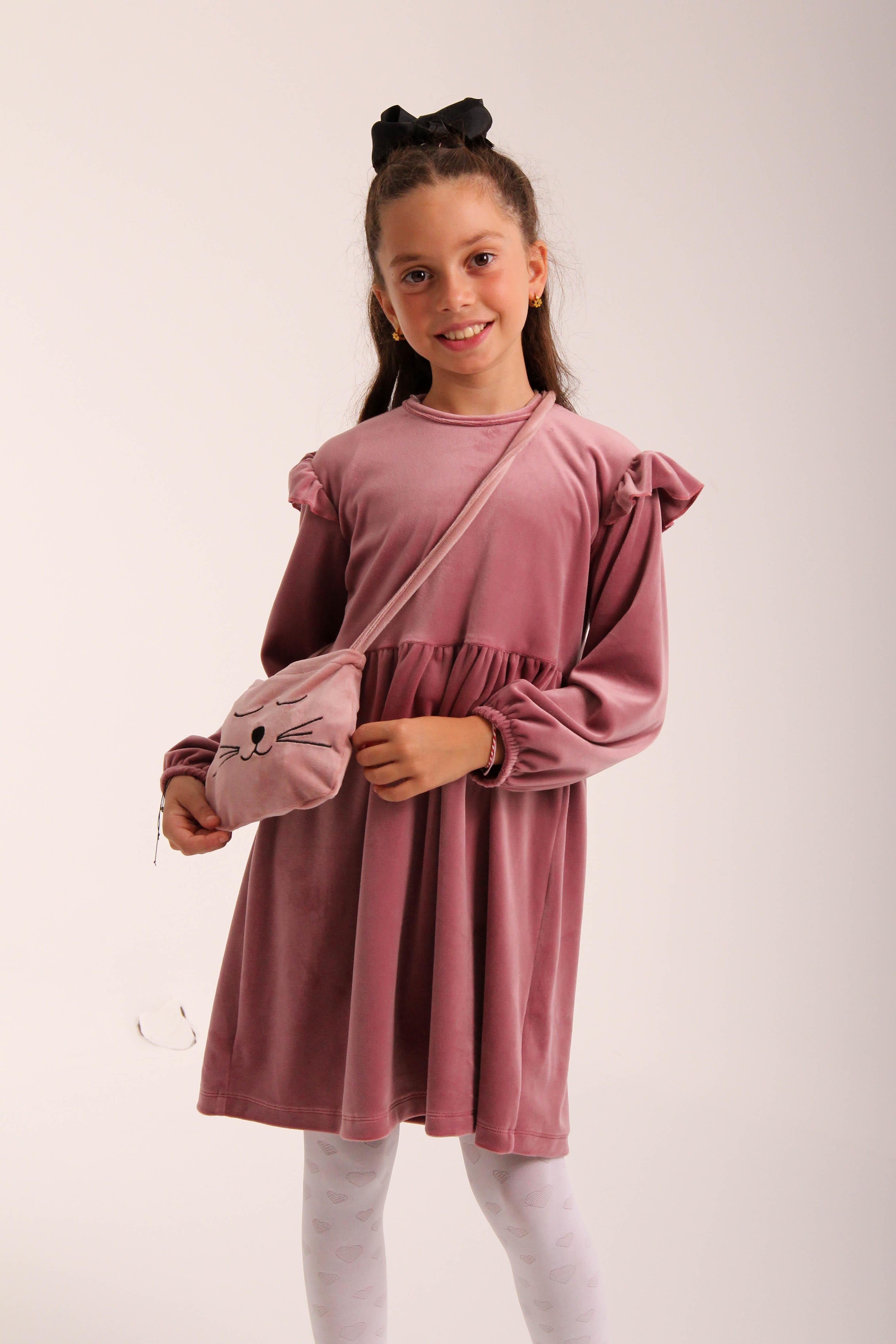 Kedi Desenli Çantalı Kız Çocuk Kadife Elbise