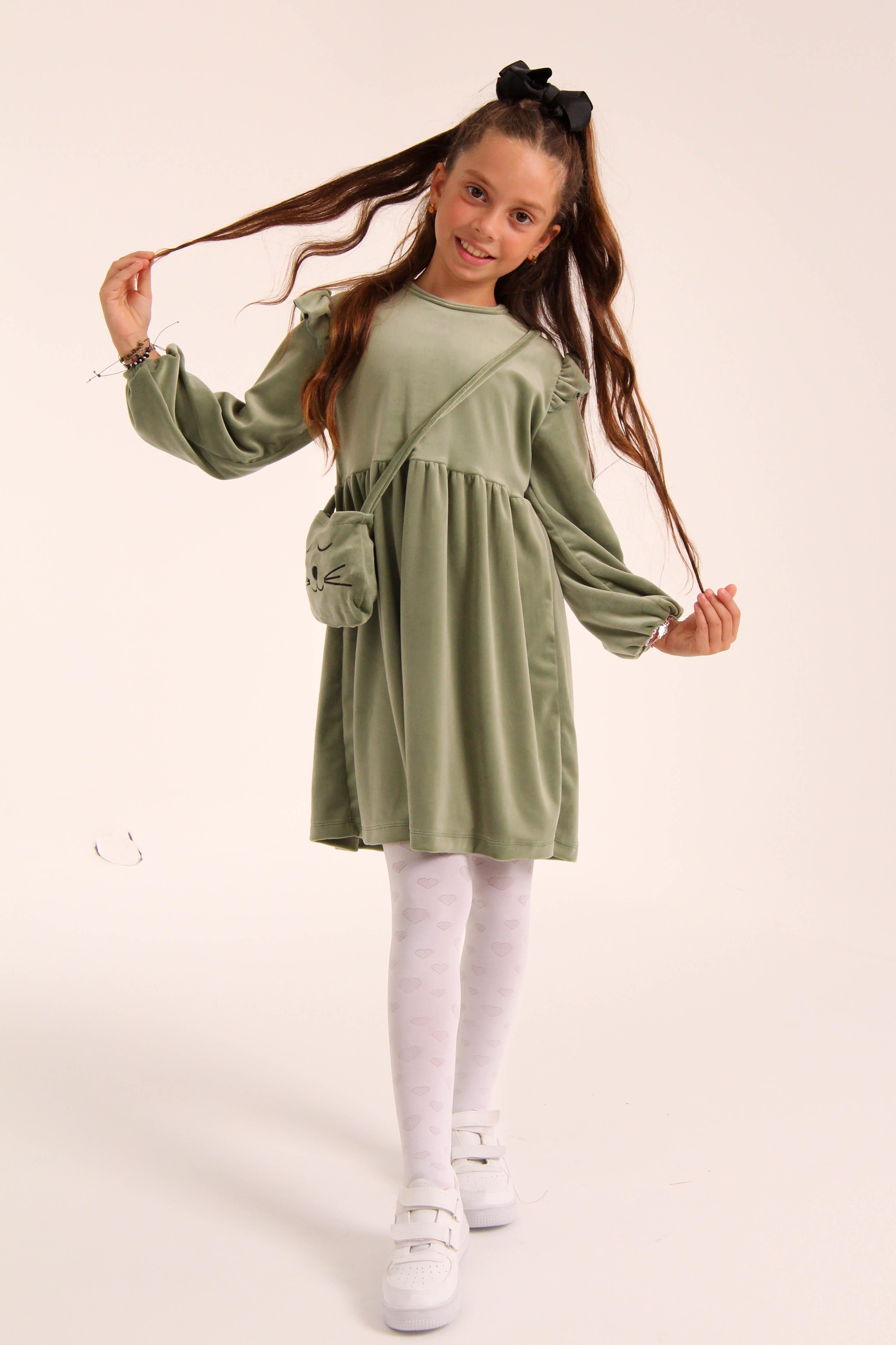 Kedi Desenli Çantalı Kız Çocuk Kadife Elbise