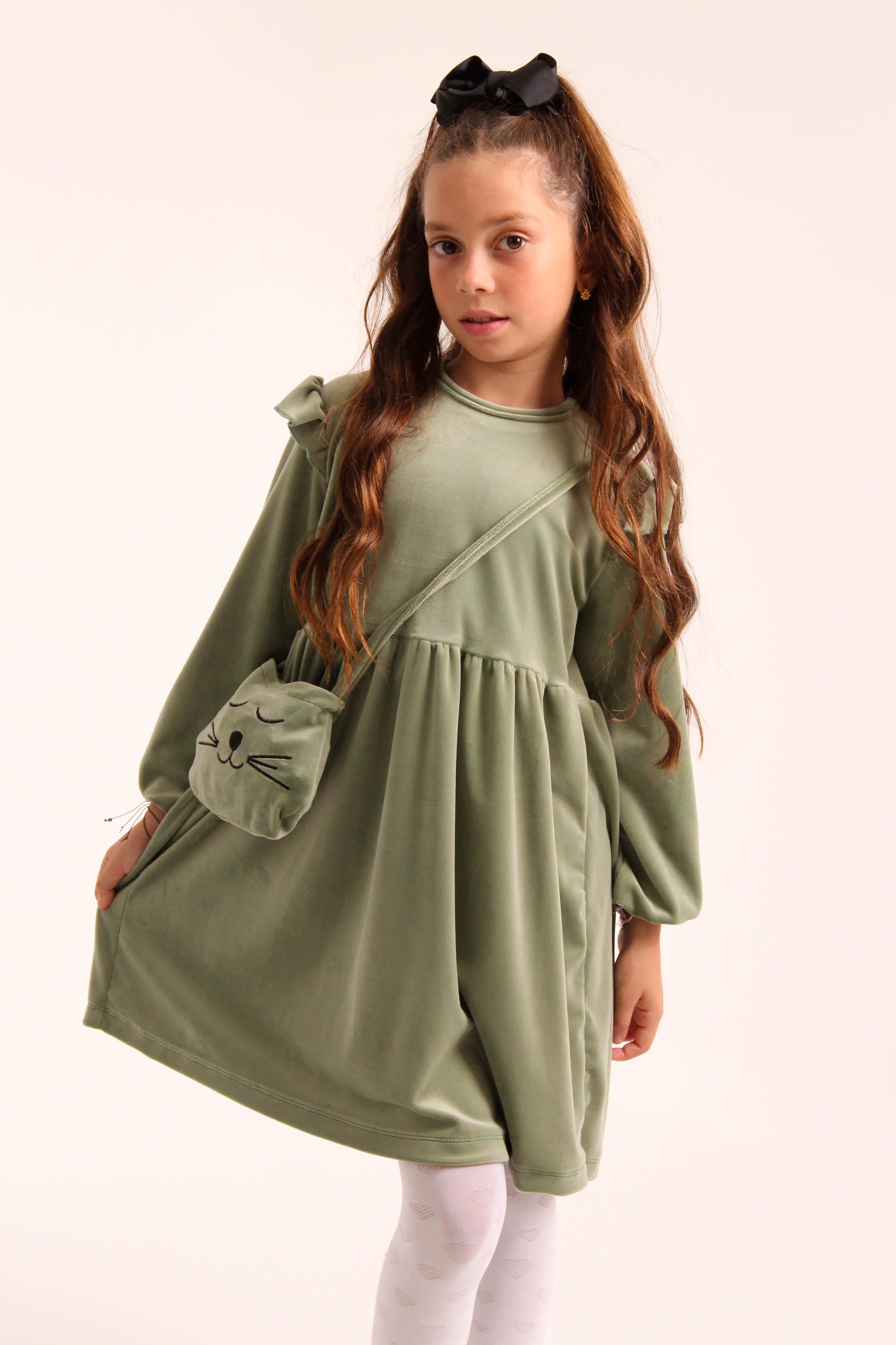 Kedi Desenli Çantalı Kız Çocuk Kadife Elbise