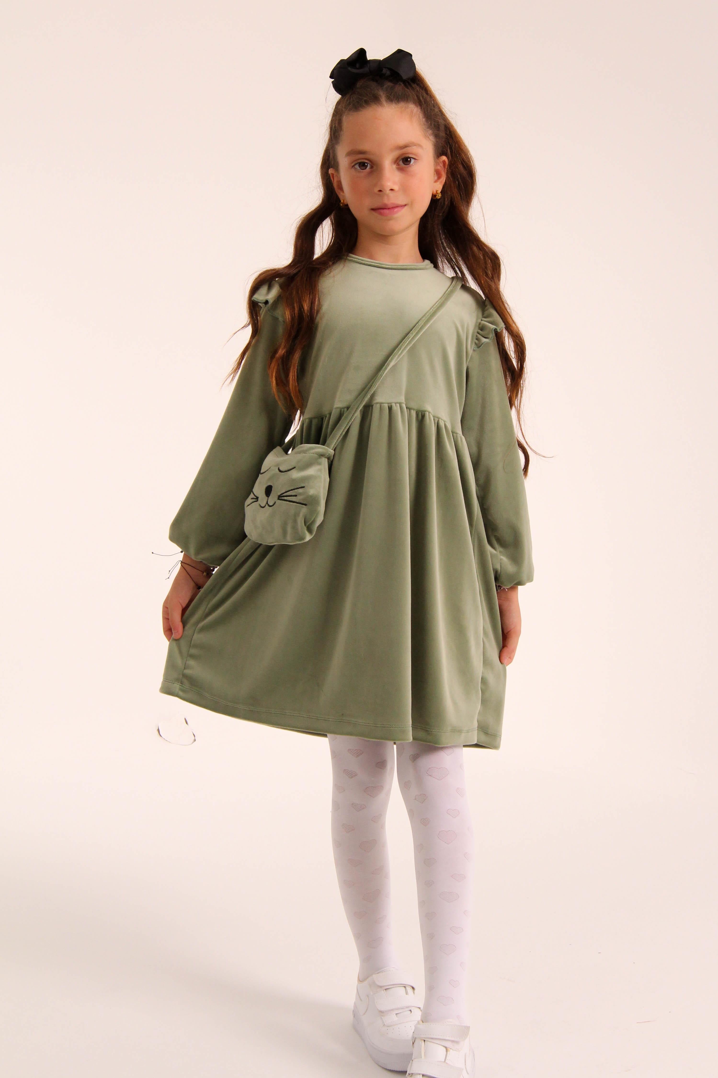 Kedi Desenli Çantalı Kız Çocuk Kadife Elbise