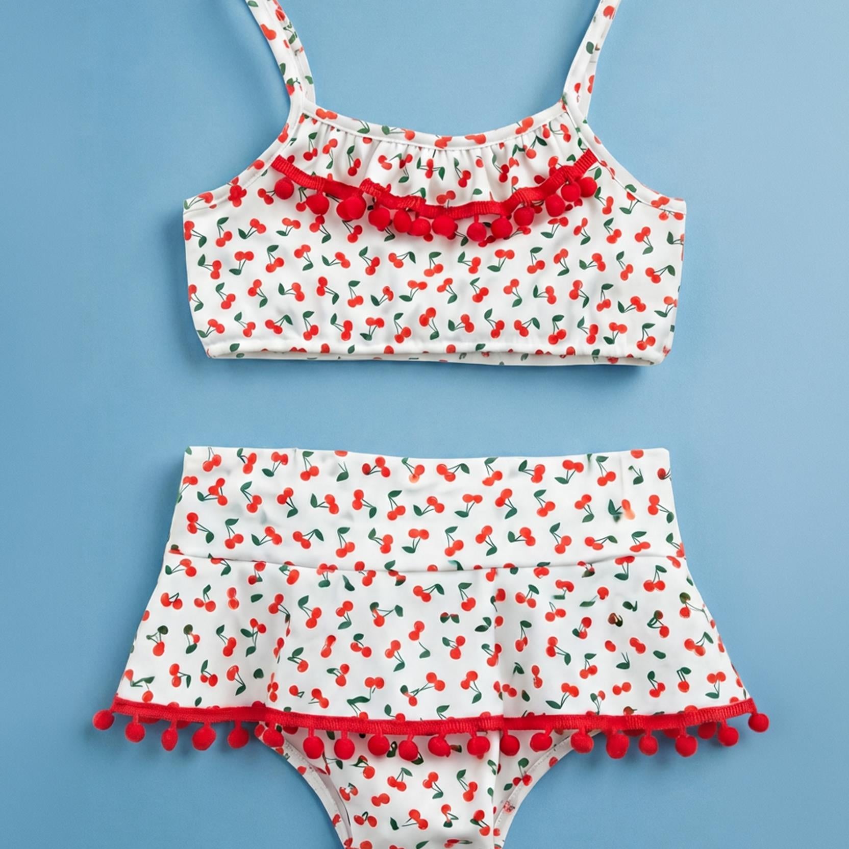 Kirazlı Baskılı Etekli Kız Çocuk Bikini Takım
