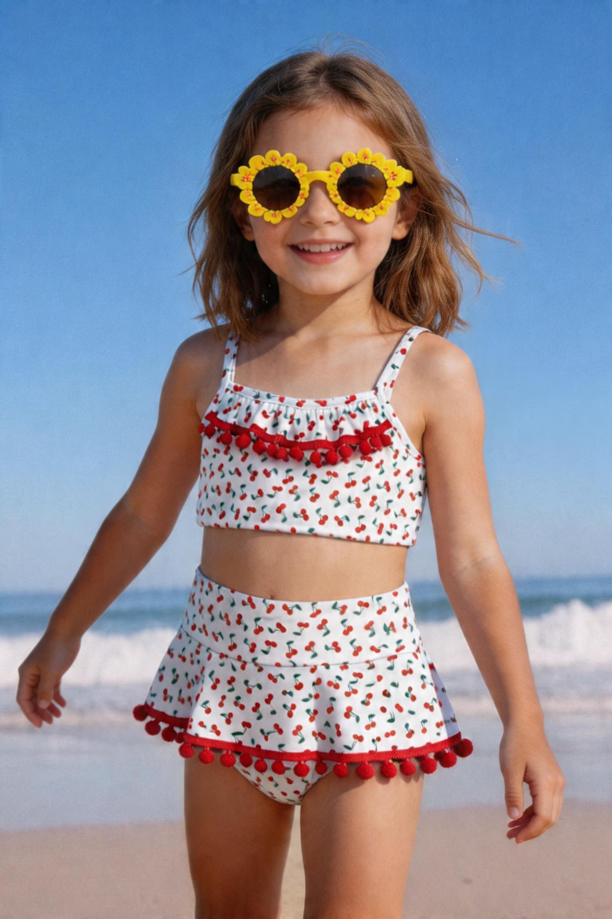 Kirazlı Baskılı Etekli Kız Çocuk Bikini Takım
