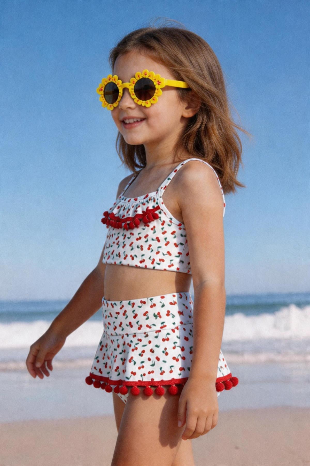 Kirazlı Baskılı Etekli Kız Çocuk Bikini Takım
