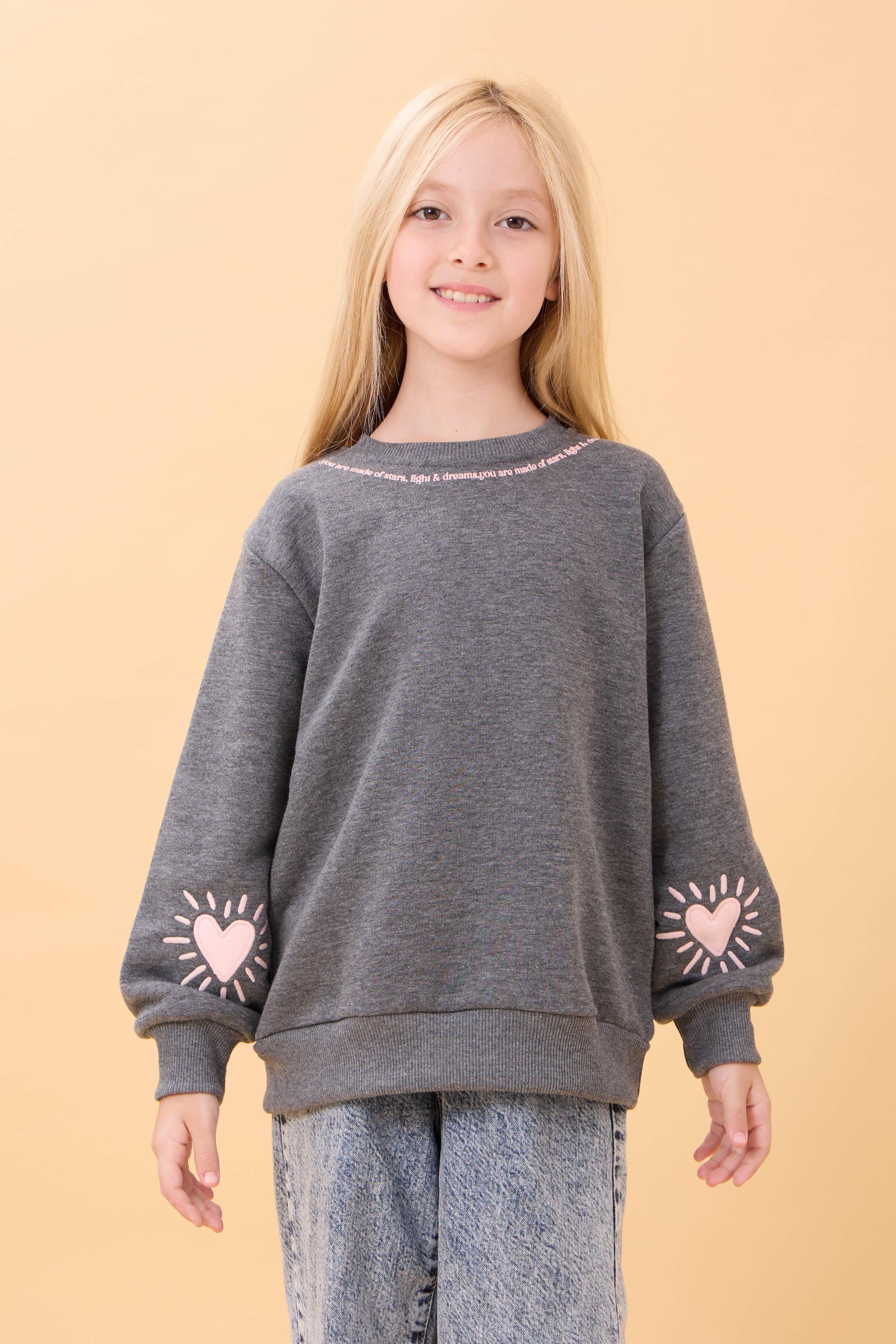 Kız Çocuk Baskılı Bisiklet Yaka Mevsimlik Sweatshirt Antrasit