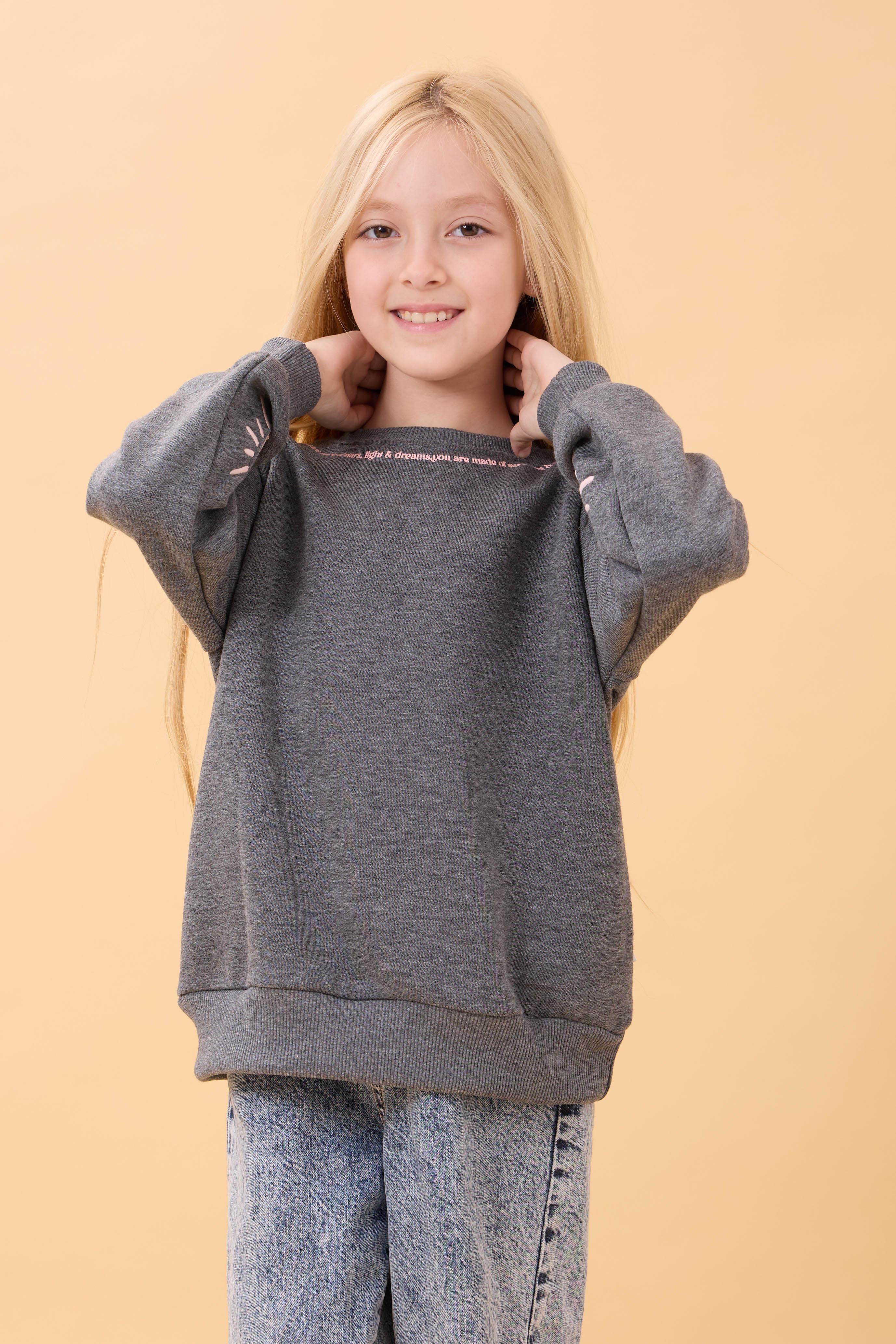 Kız Çocuk Baskılı Bisiklet Yaka Mevsimlik Sweatshirt Antrasit