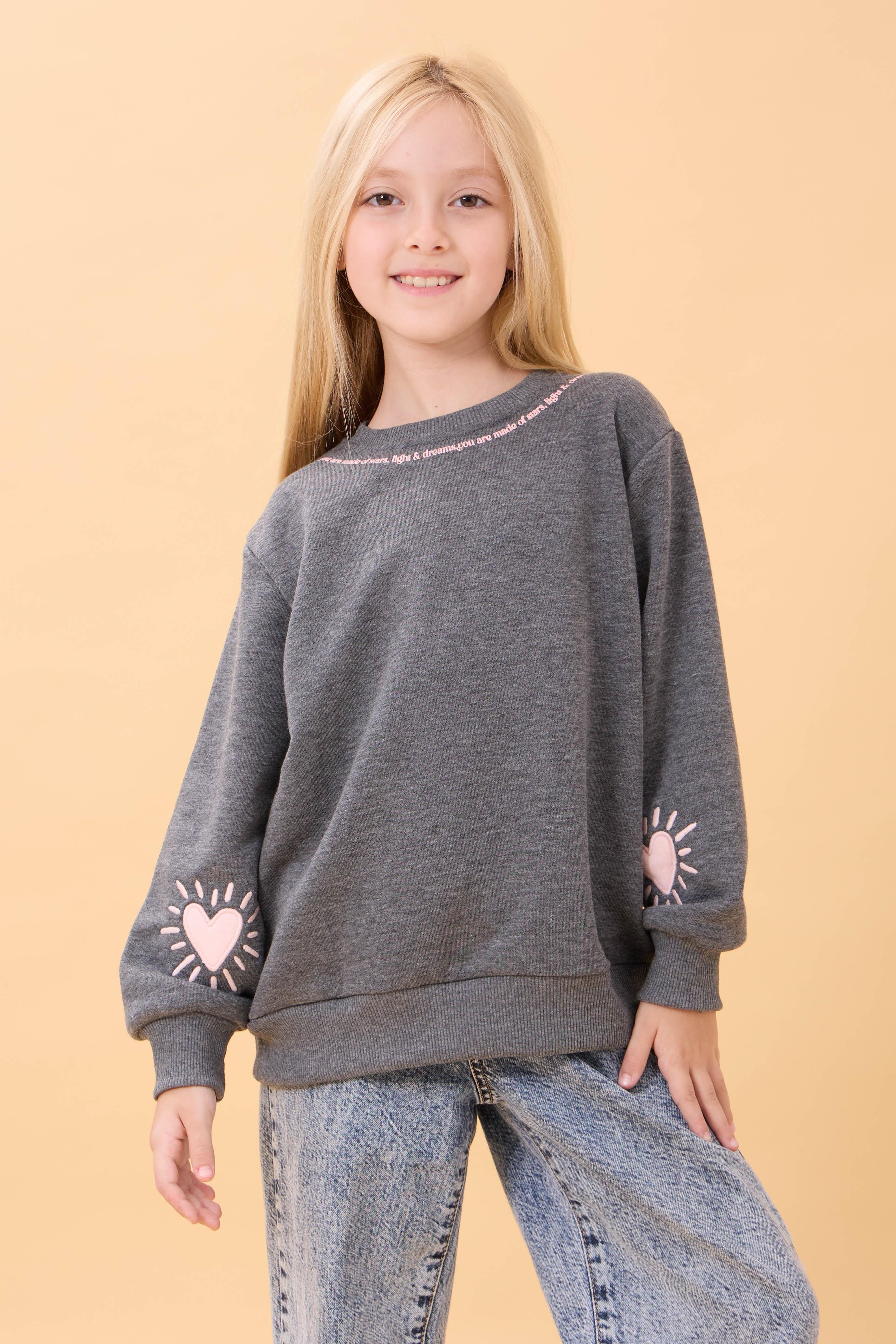 Kız Çocuk Baskılı Bisiklet Yaka Mevsimlik Sweatshirt Antrasit