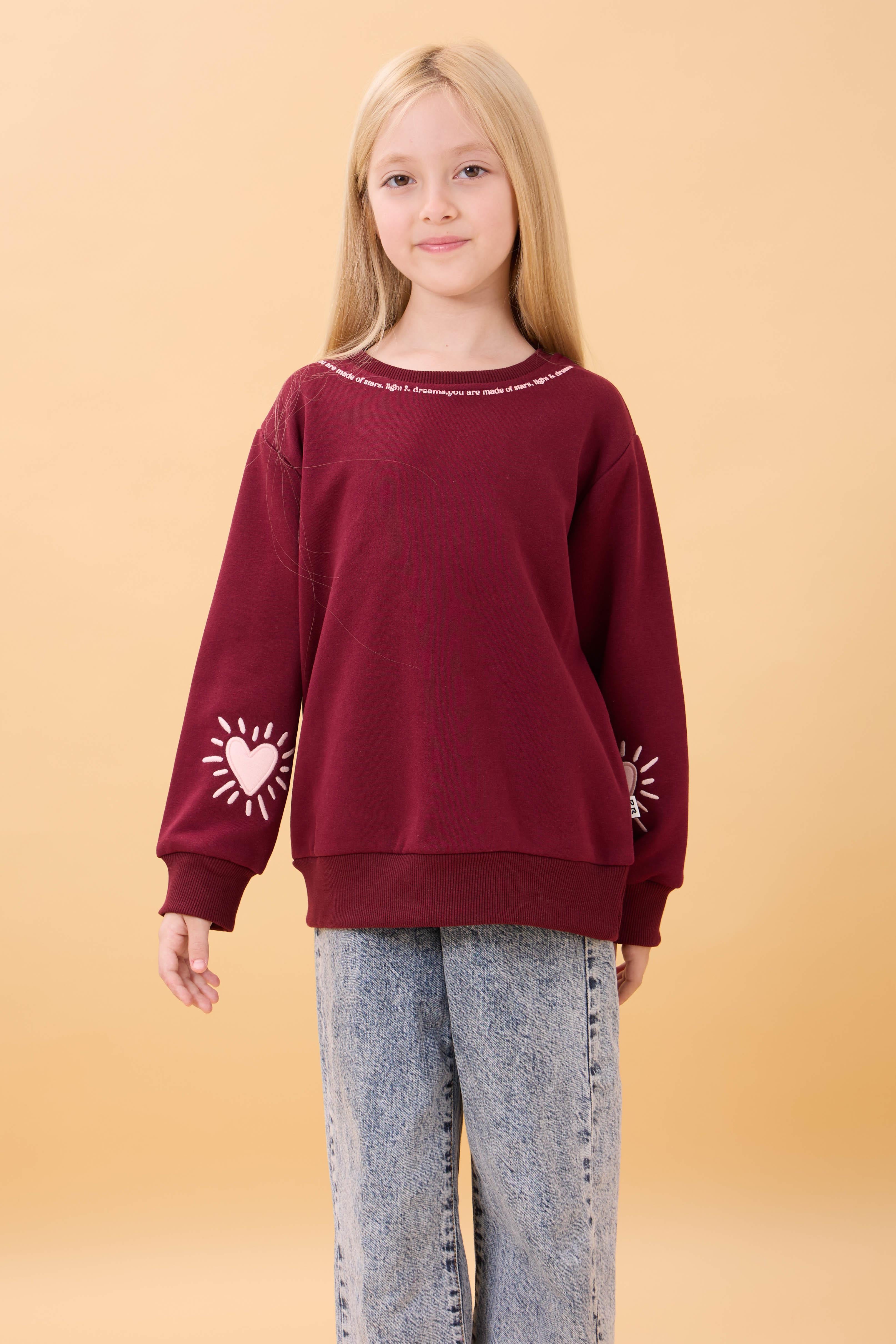 Kız Çocuk Baskılı Bisiklet Yaka Mevsimlik Sweatshirt Bordo