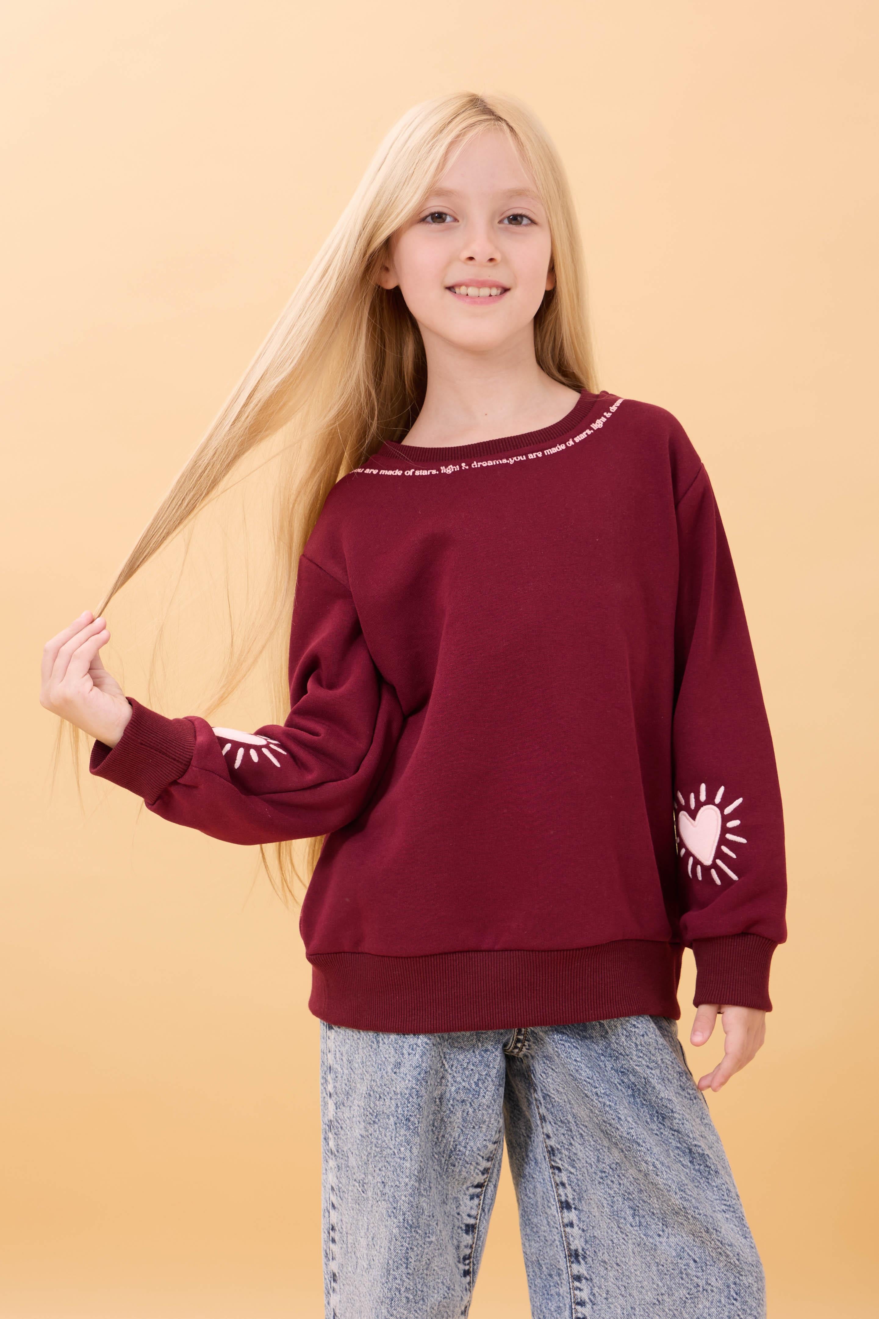 Kız Çocuk Baskılı Bisiklet Yaka Mevsimlik Sweatshirt Bordo