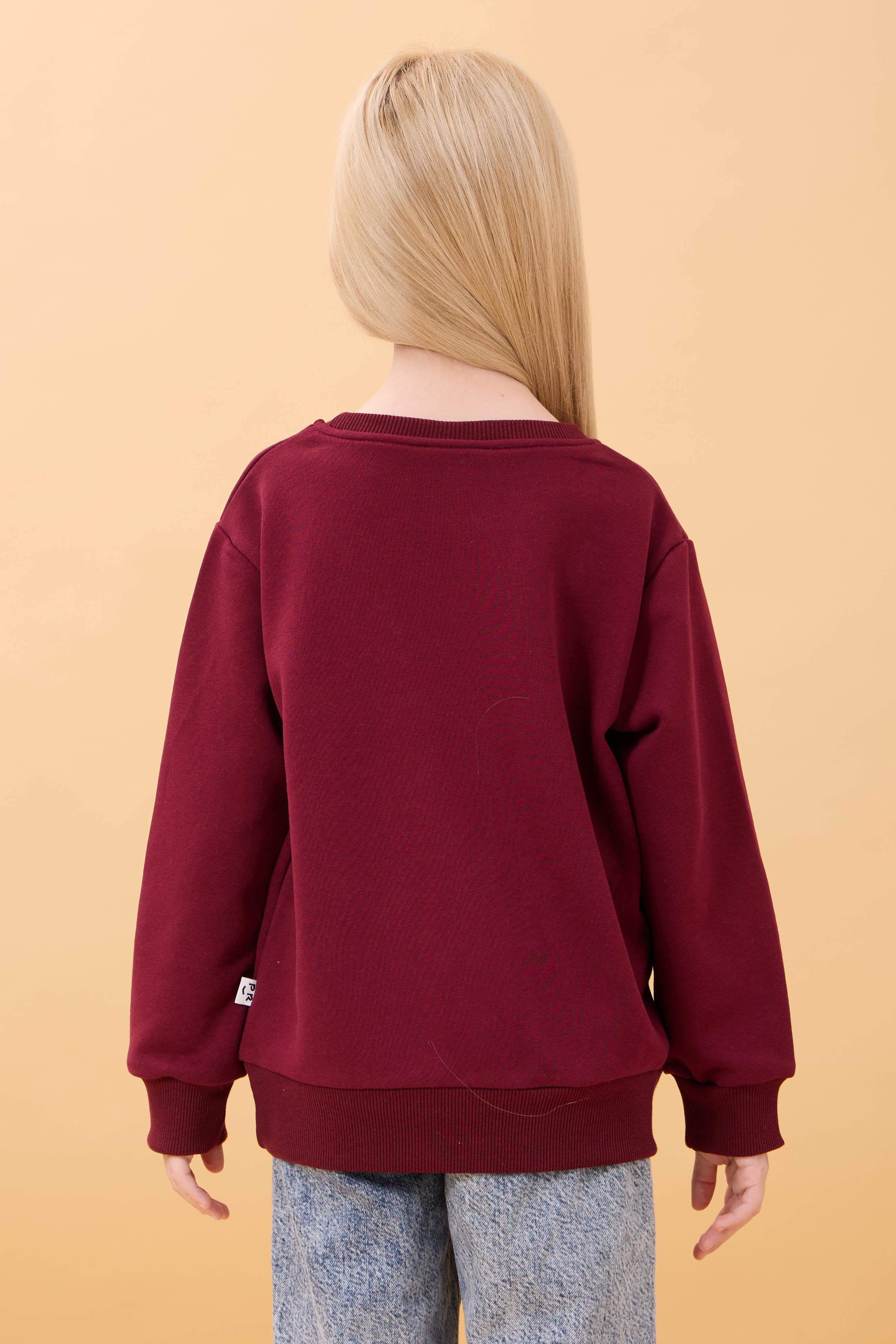 Kız Çocuk Baskılı Bisiklet Yaka Mevsimlik Sweatshirt Bordo