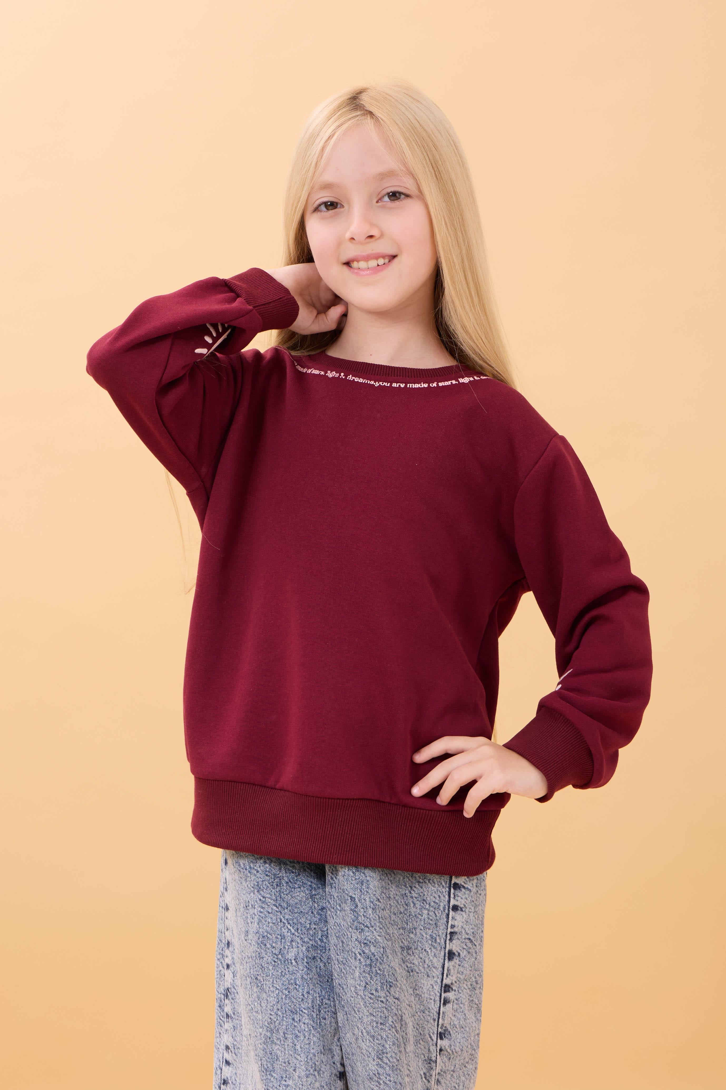 Kız Çocuk Baskılı Bisiklet Yaka Mevsimlik Sweatshirt Bordo