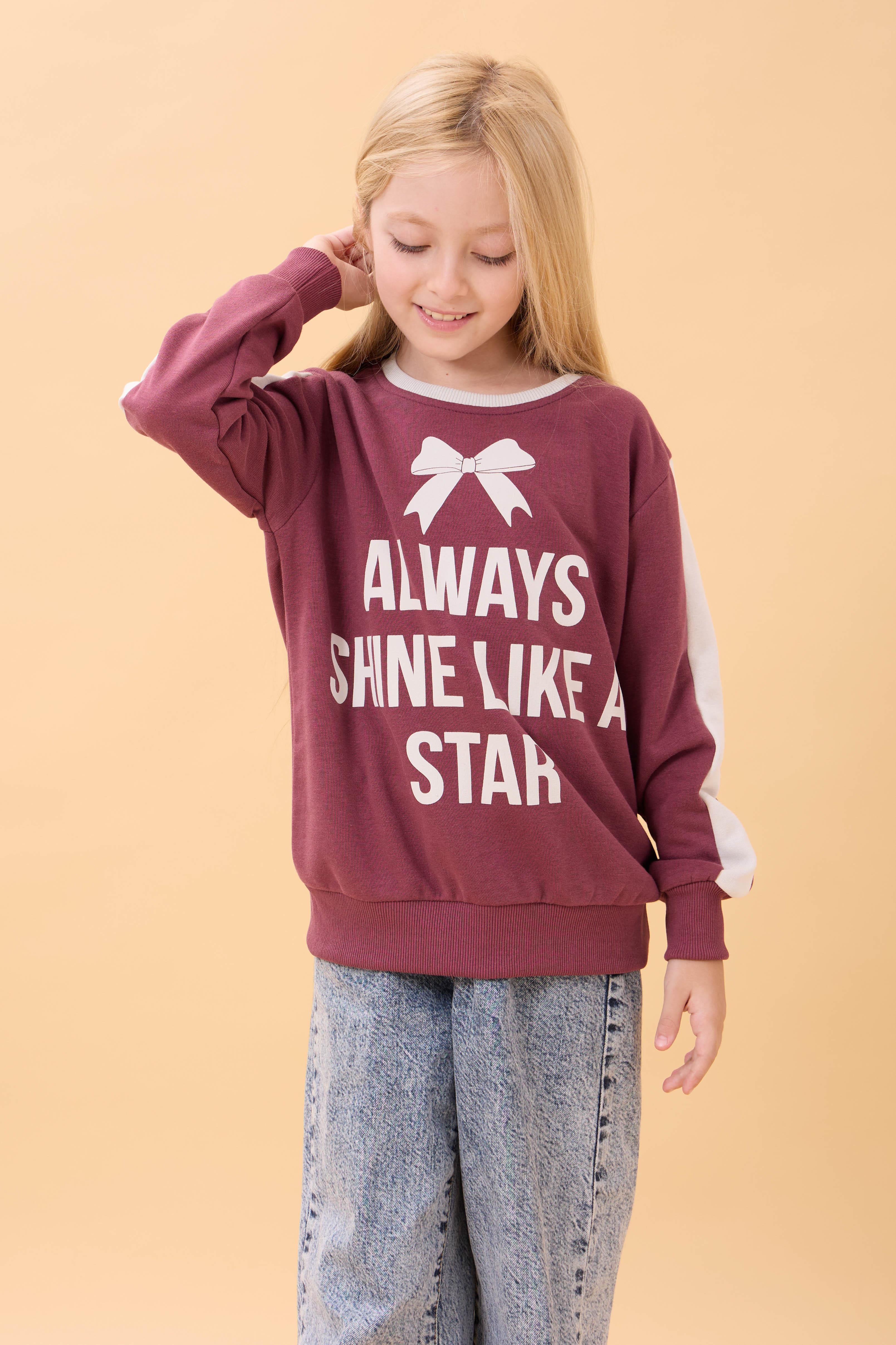 Kız Çocuk Baskılı Bisiklet Yaka Mevsimlik Sweatshirt Gülkurusu