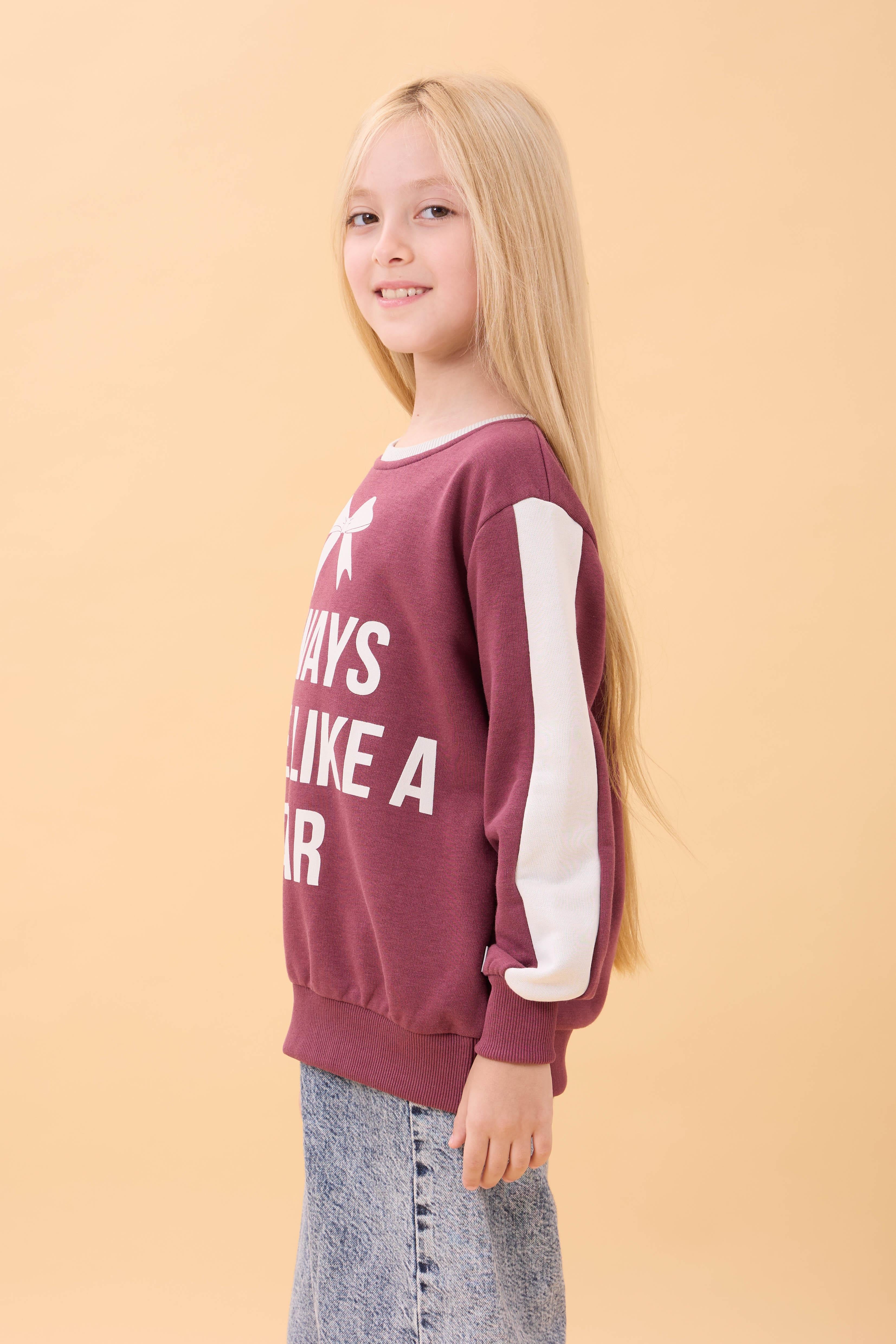 Kız Çocuk Baskılı Bisiklet Yaka Mevsimlik Sweatshirt Gülkurusu