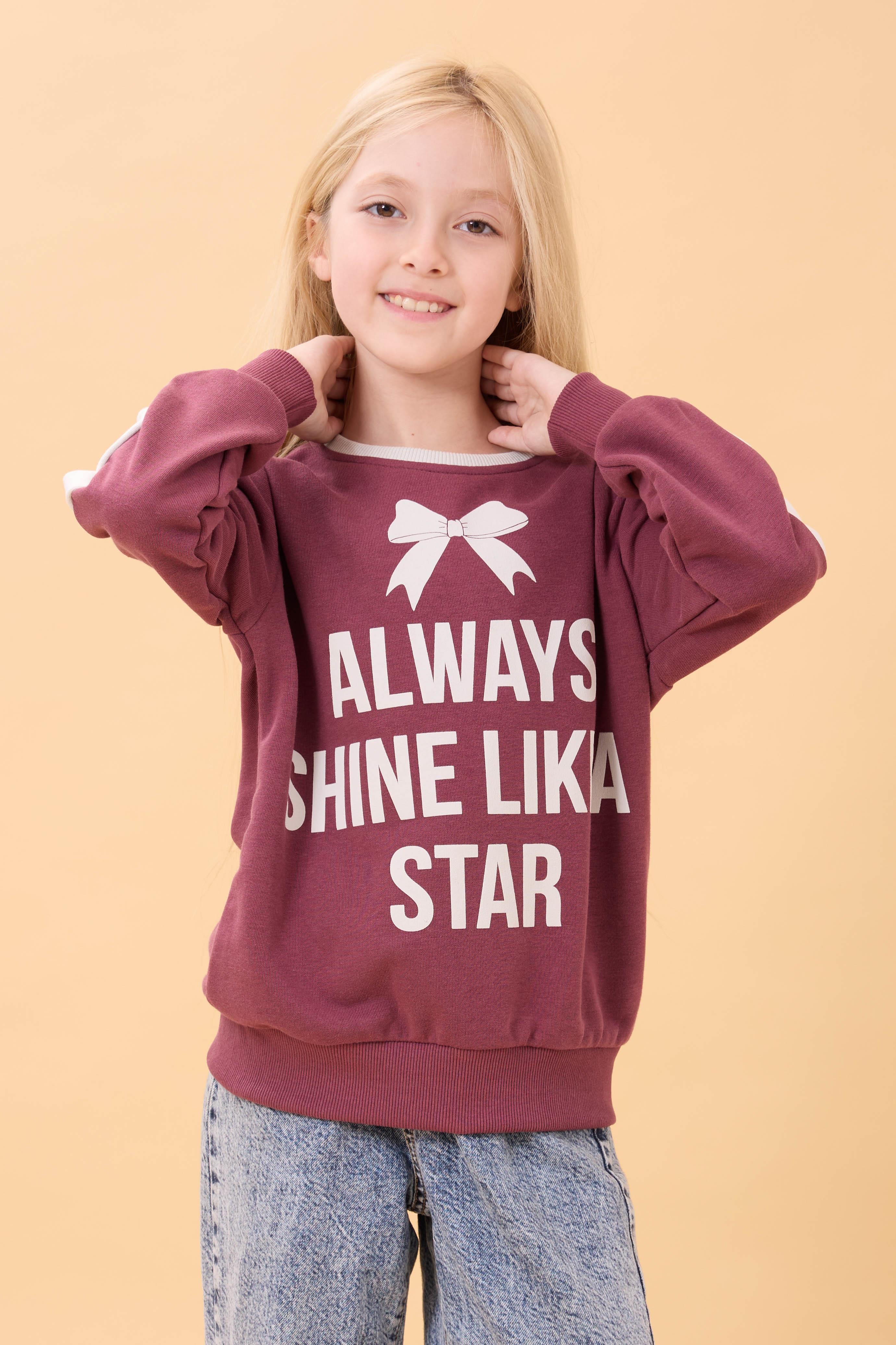 Kız Çocuk Baskılı Bisiklet Yaka Mevsimlik Sweatshirt Gülkurusu