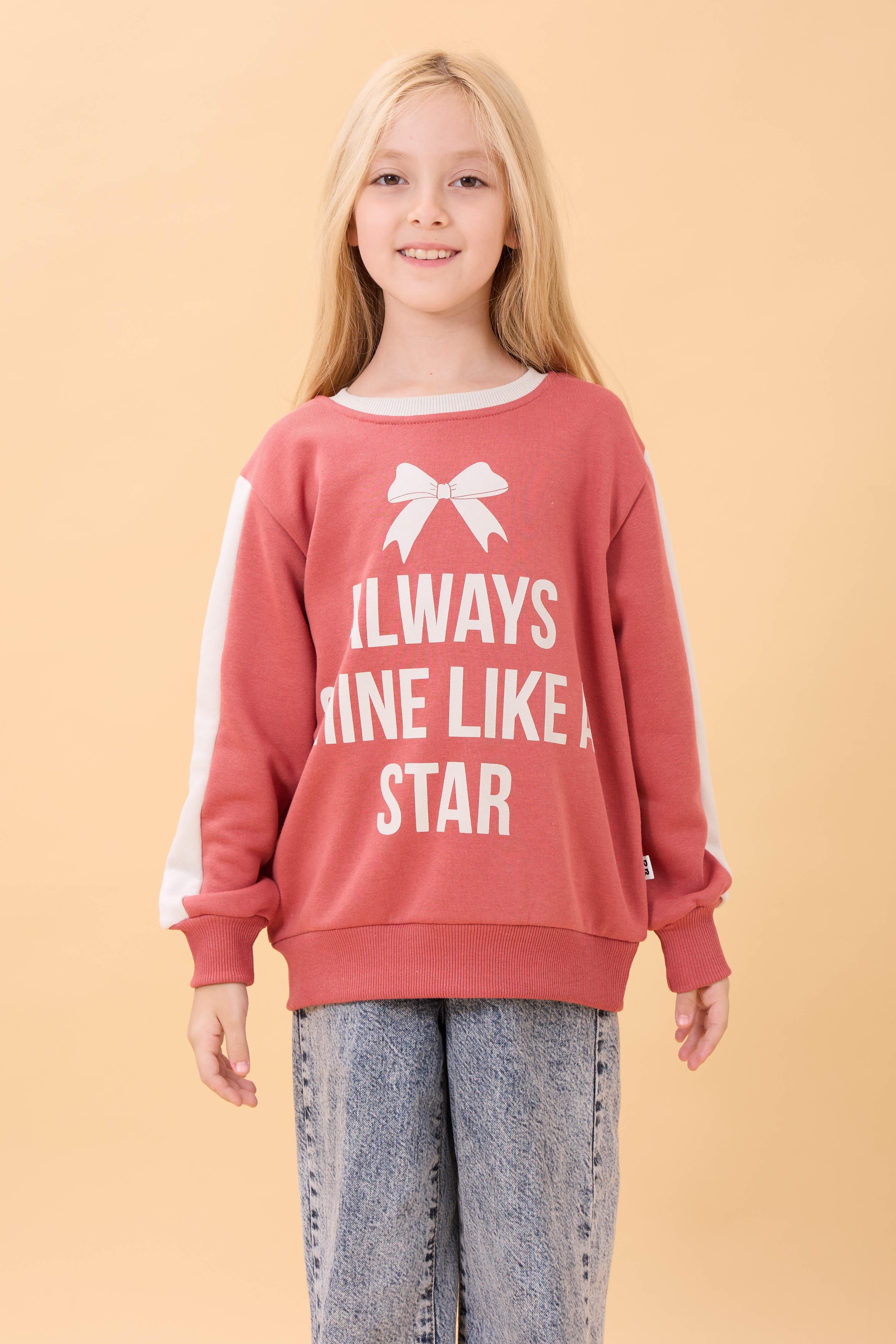Kız Çocuk Baskılı Bisiklet Yaka Mevsimlik Sweatshirt Kiremit