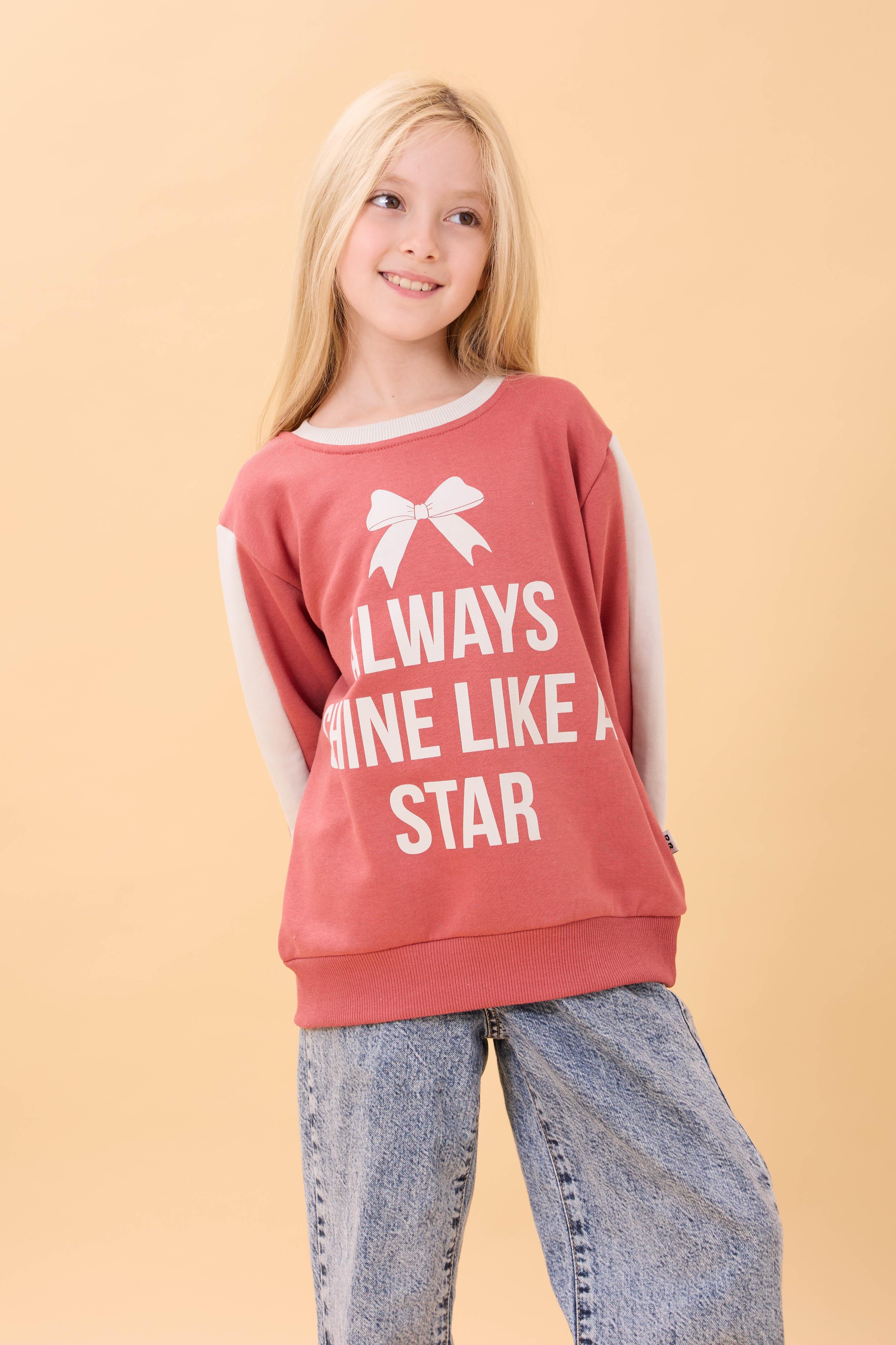 Kız Çocuk Baskılı Bisiklet Yaka Mevsimlik Sweatshirt Kiremit