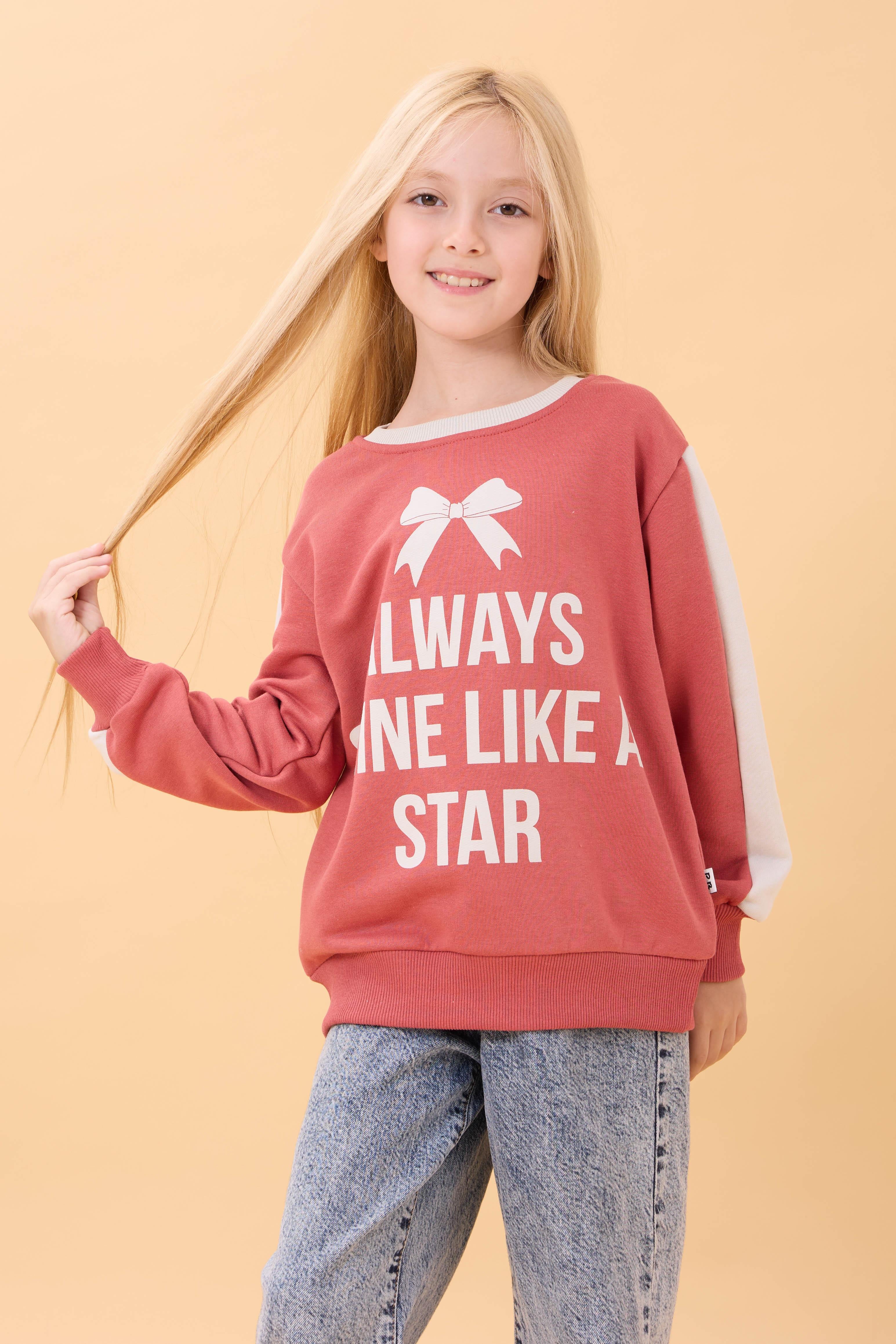 Kız Çocuk Baskılı Bisiklet Yaka Mevsimlik Sweatshirt Kiremit