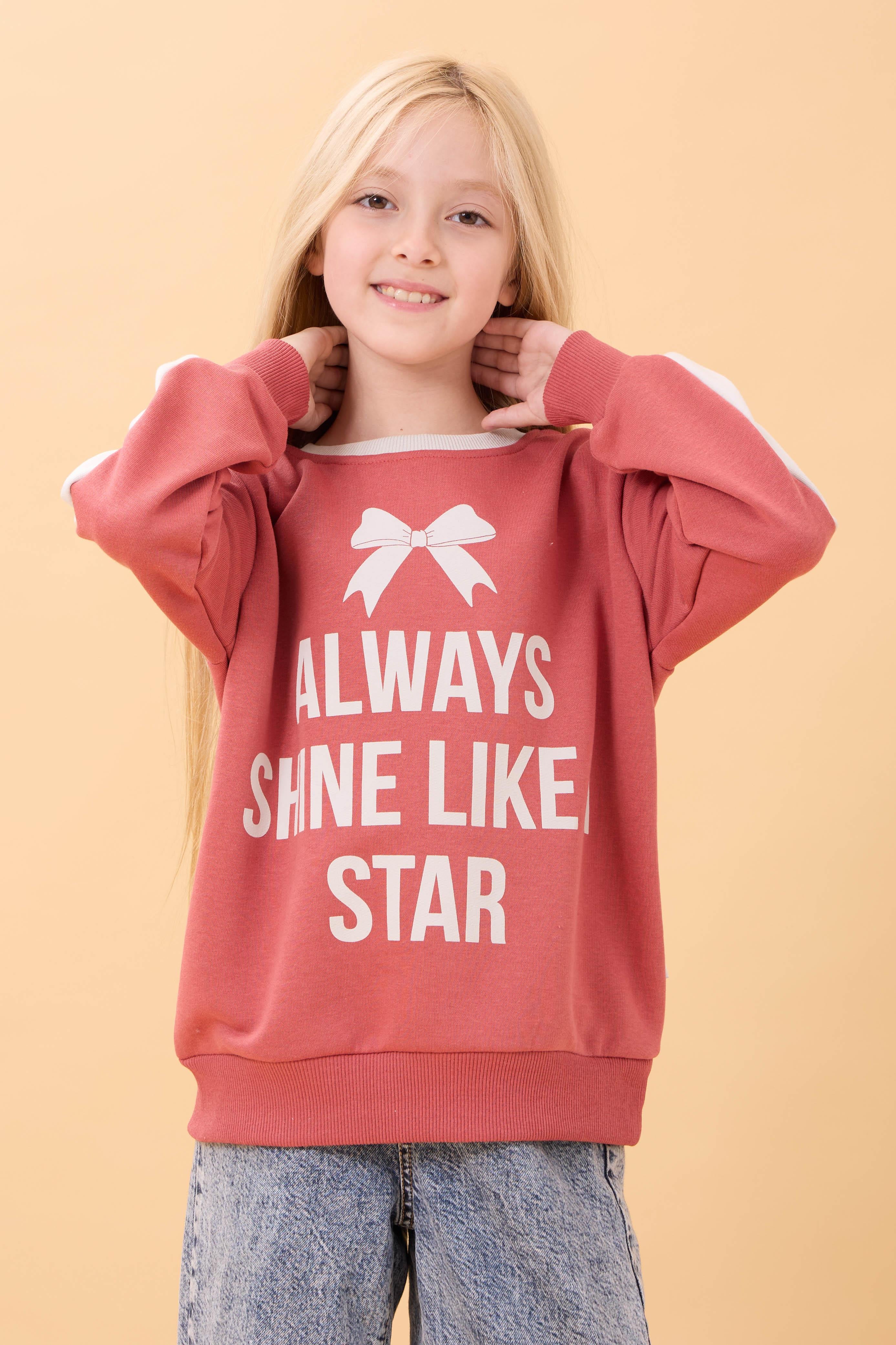 Kız Çocuk Baskılı Bisiklet Yaka Mevsimlik Sweatshirt Kiremit