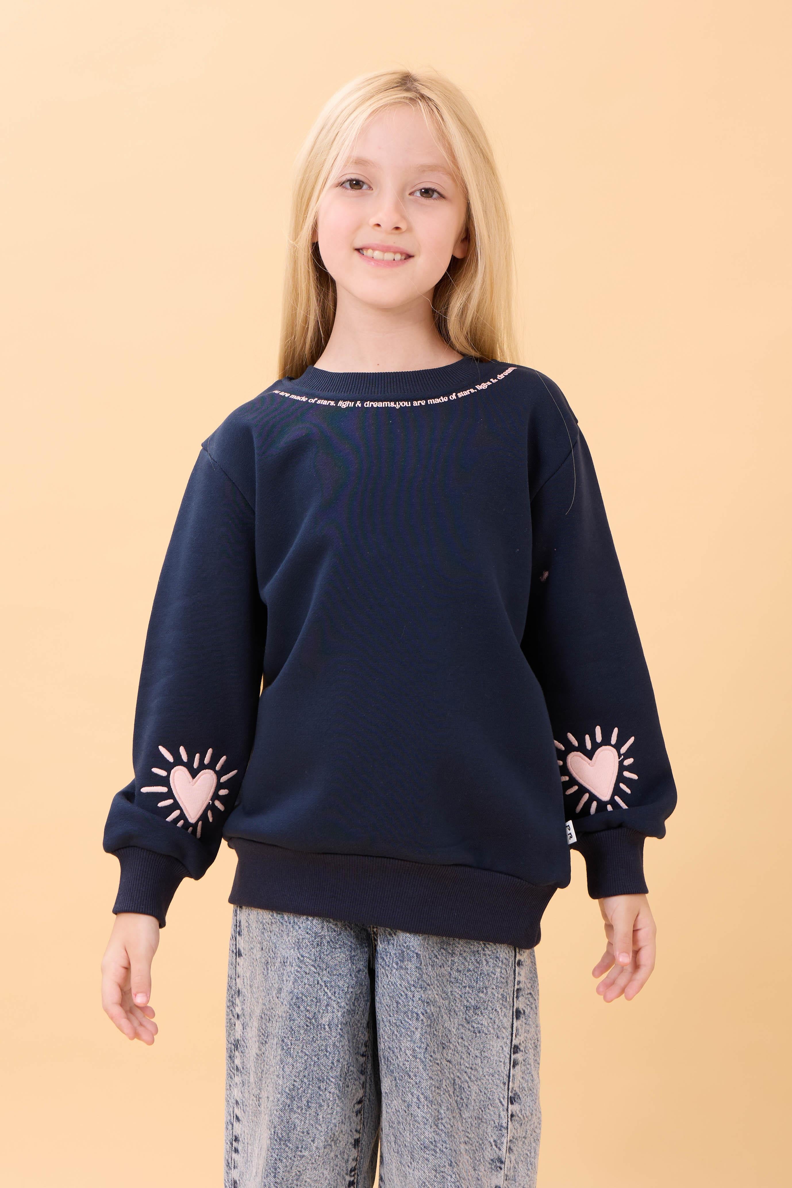 Kız Çocuk Baskılı Bisiklet Yaka Mevsimlik Sweatshirt Lacivert