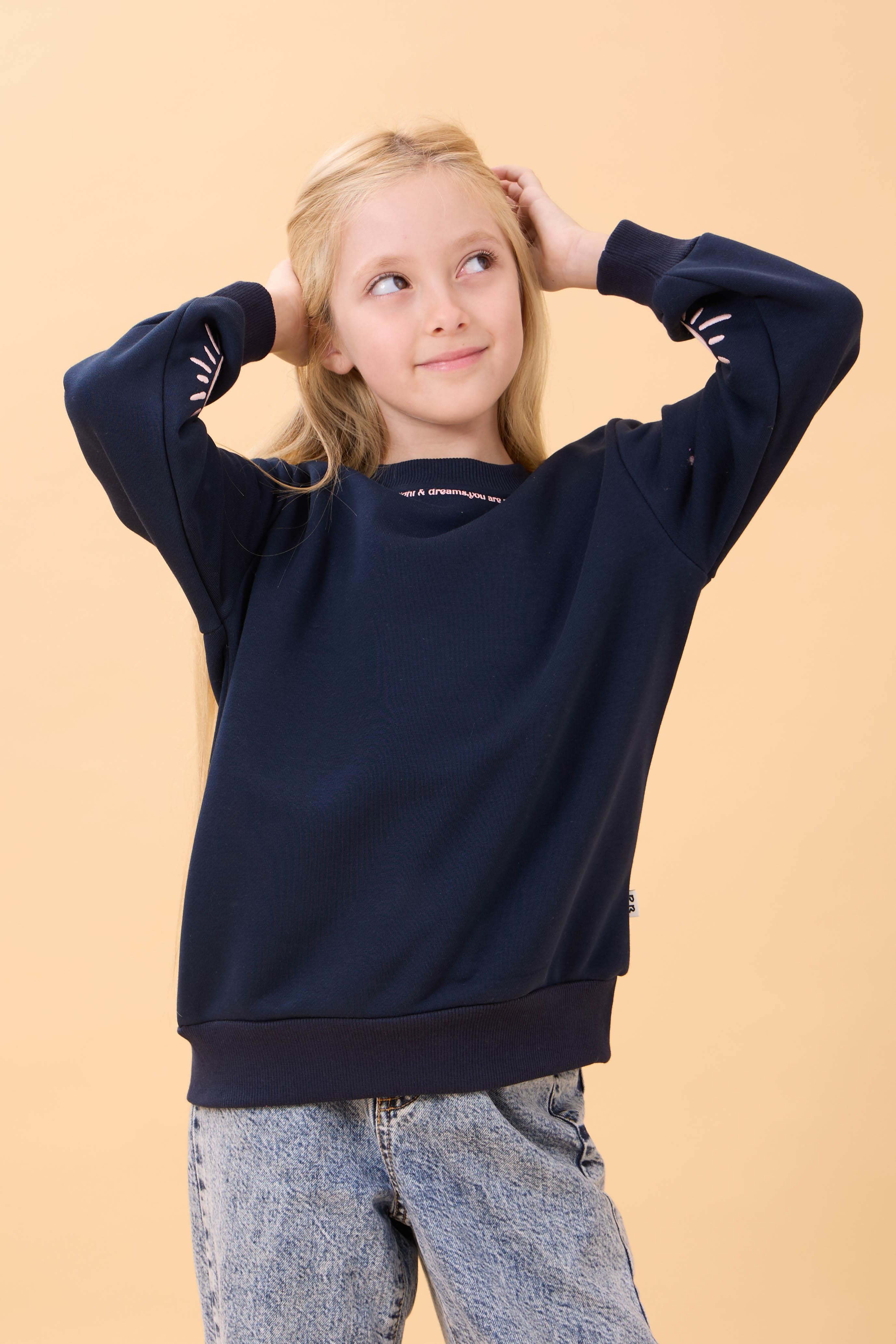 Kız Çocuk Baskılı Bisiklet Yaka Mevsimlik Sweatshirt Lacivert
