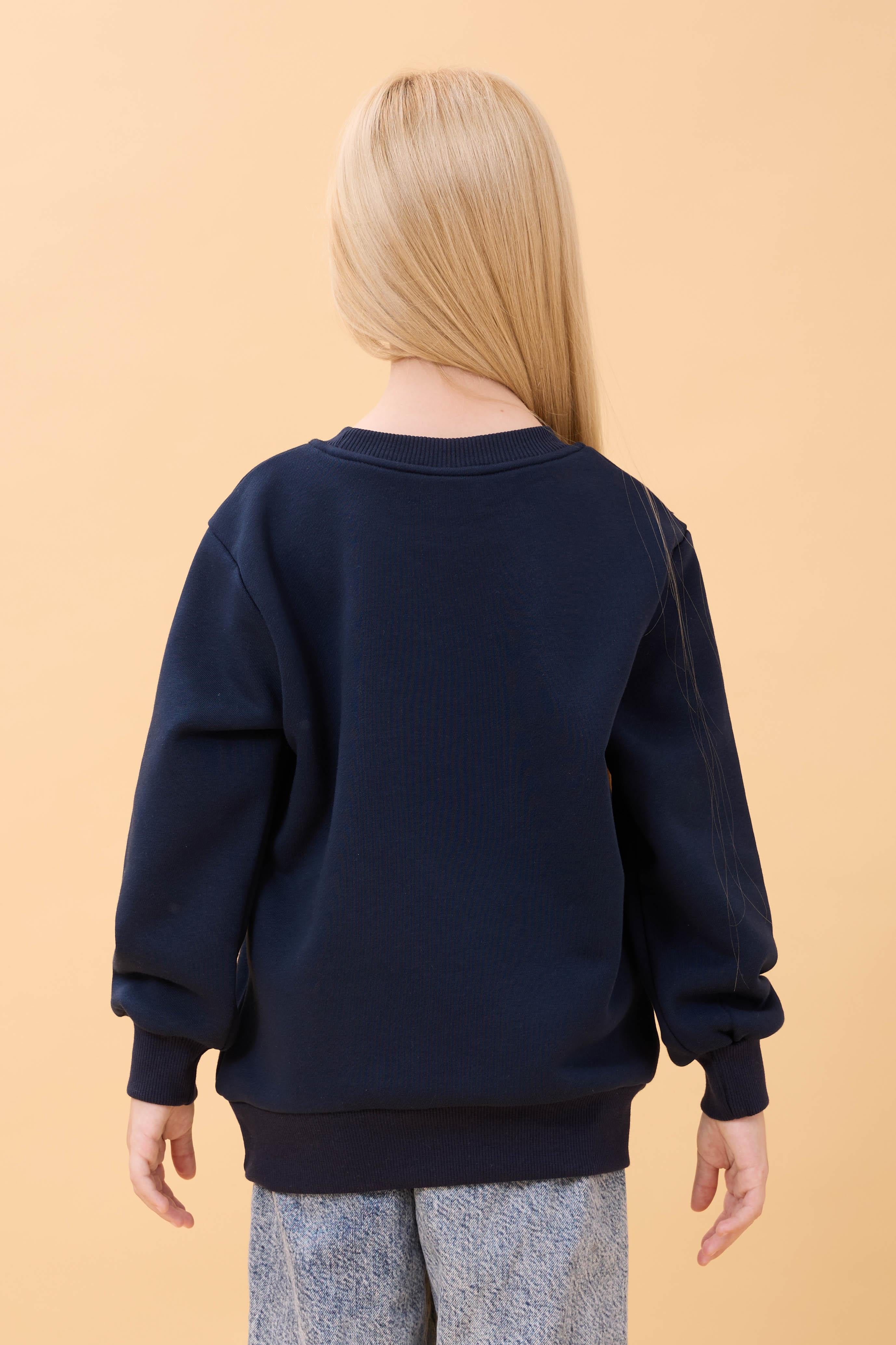 Kız Çocuk Baskılı Bisiklet Yaka Mevsimlik Sweatshirt Lacivert
