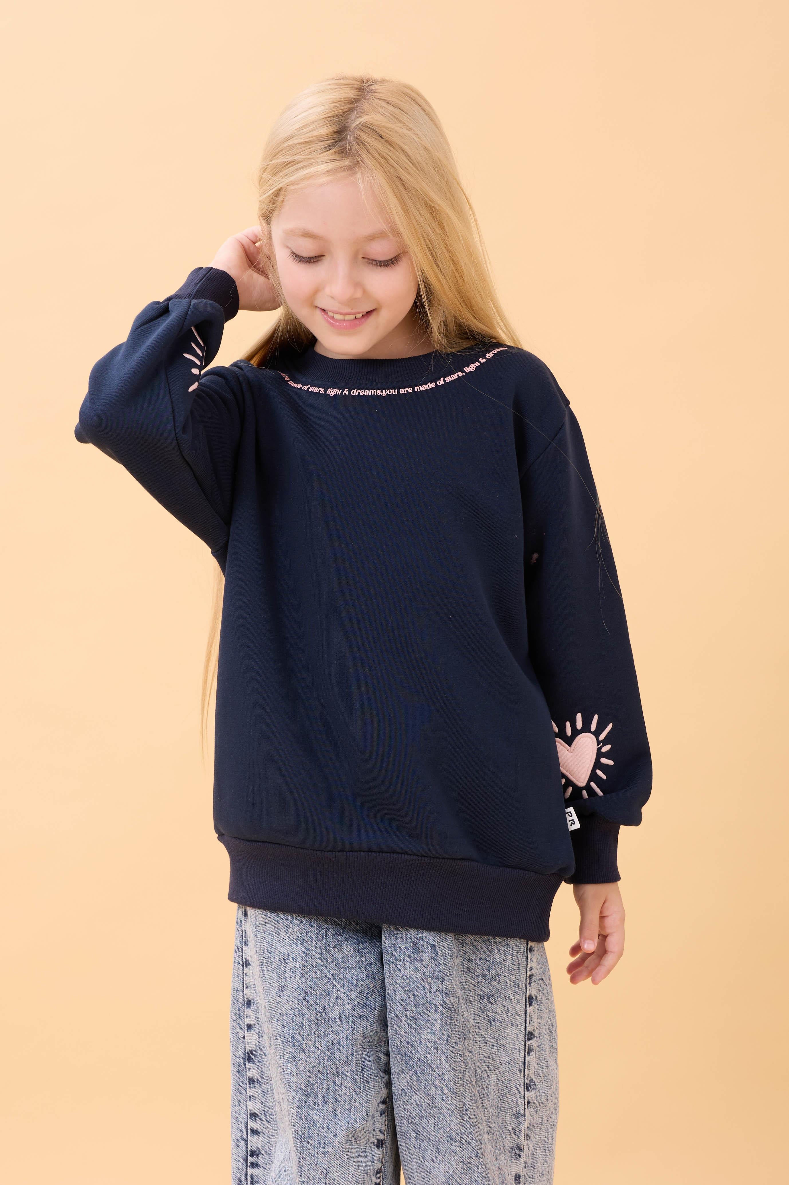 Kız Çocuk Baskılı Bisiklet Yaka Mevsimlik Sweatshirt Lacivert