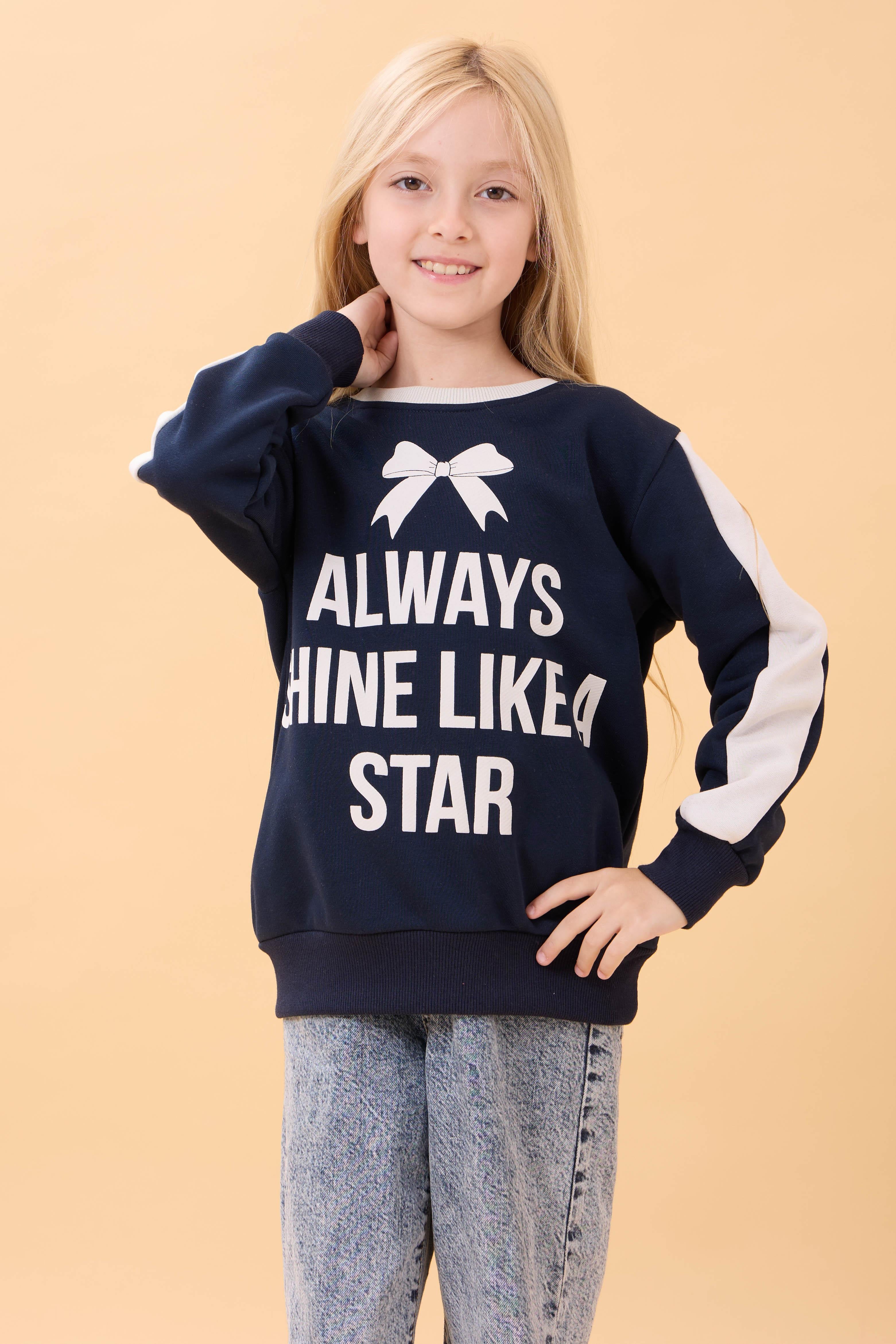 Kız Çocuk Baskılı Bisiklet Yaka Mevsimlik Sweatshirt Lacivert