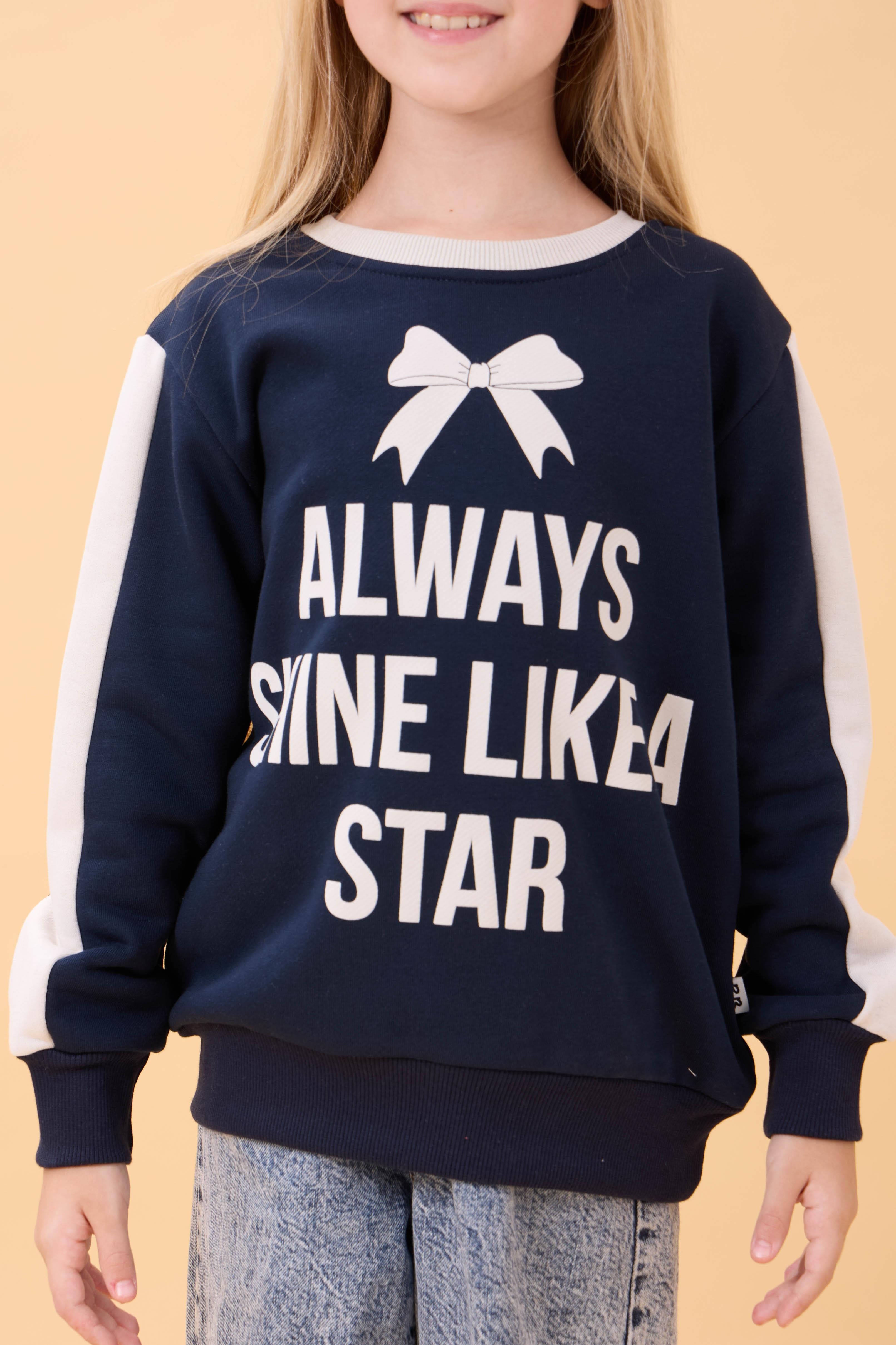 Kız Çocuk Baskılı Bisiklet Yaka Mevsimlik Sweatshirt Lacivert