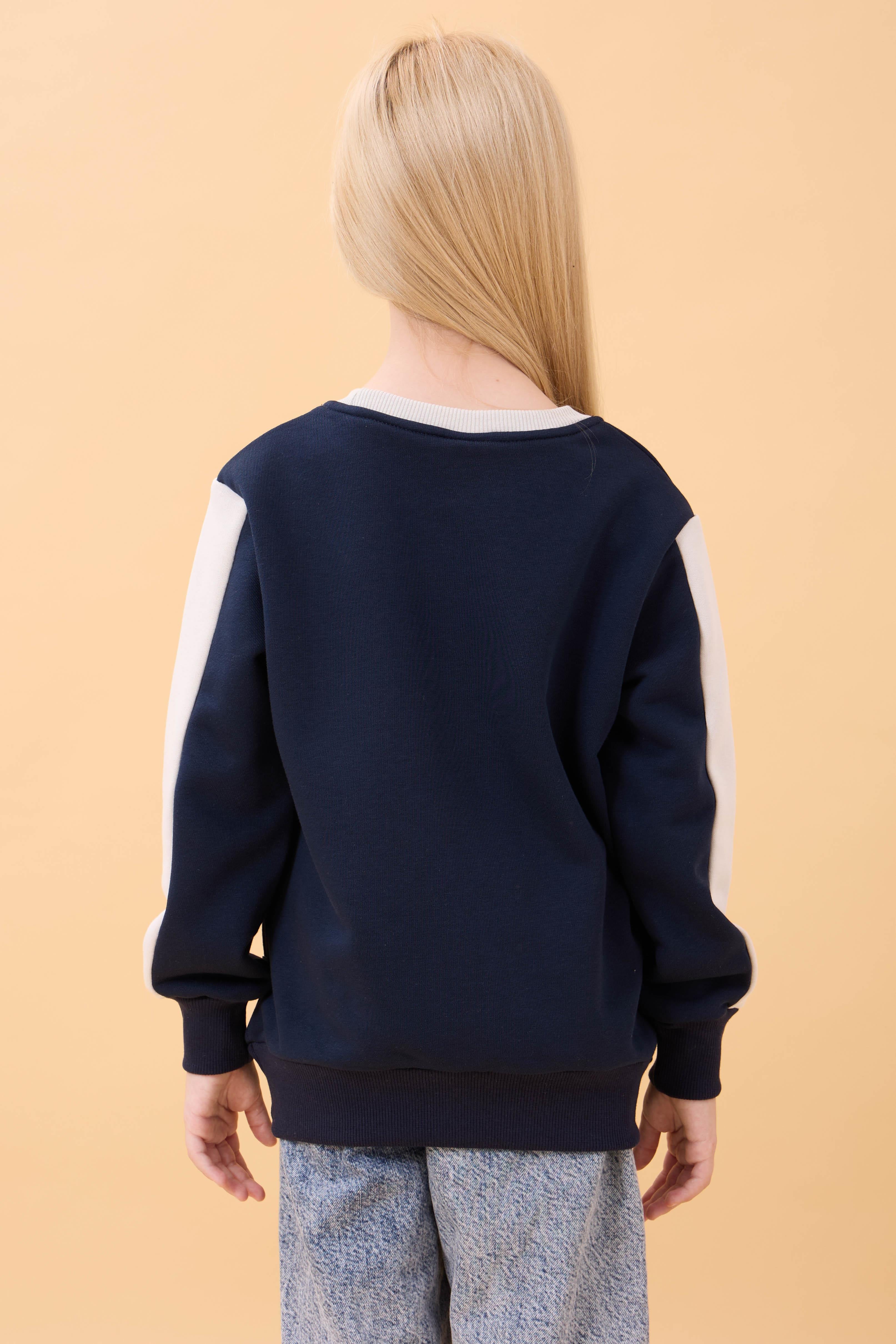 Kız Çocuk Baskılı Bisiklet Yaka Mevsimlik Sweatshirt Lacivert
