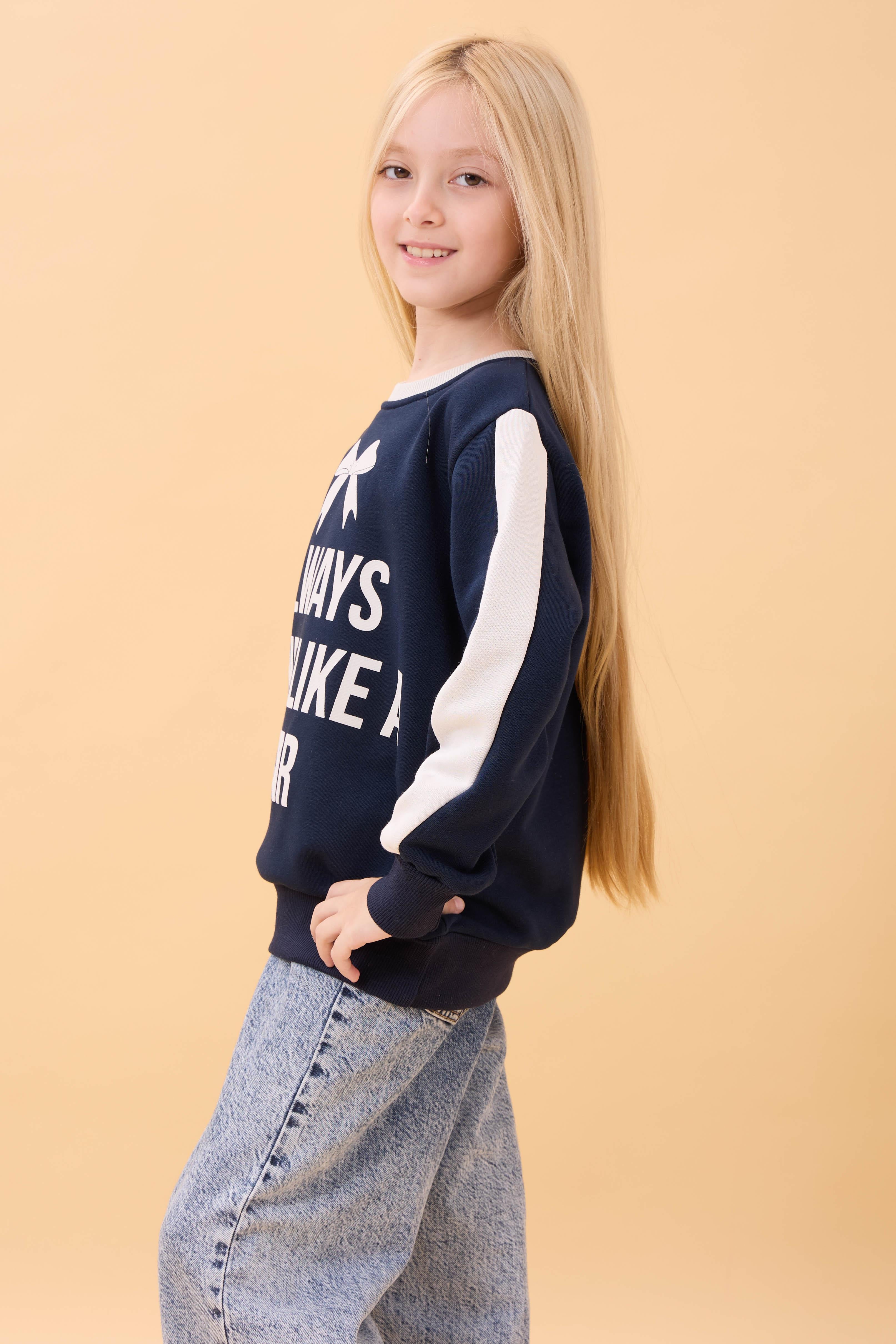 Kız Çocuk Baskılı Bisiklet Yaka Mevsimlik Sweatshirt Lacivert