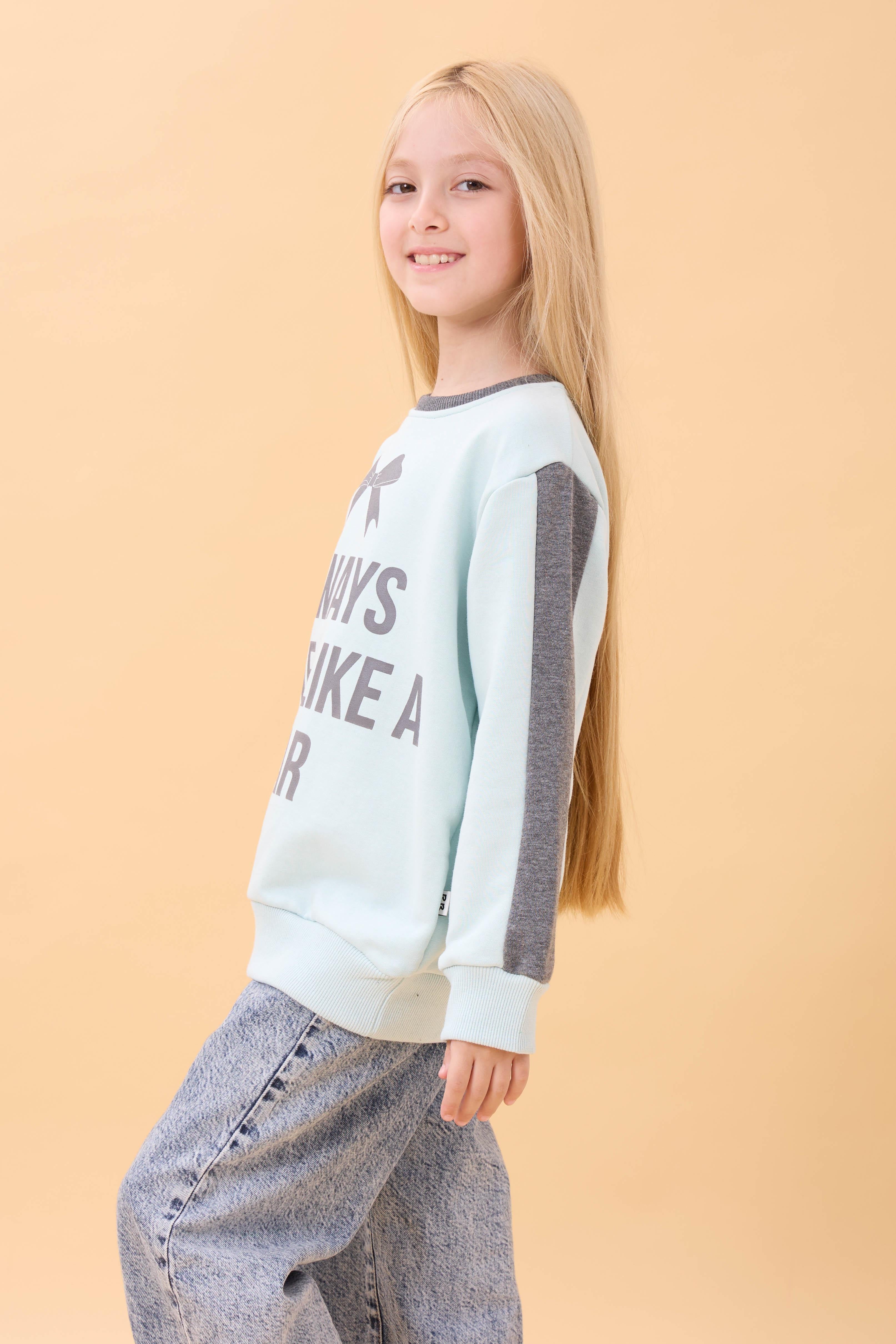Kız Çocuk Baskılı Bisiklet Yaka Mevsimlik Sweatshirt Mint Yeşili