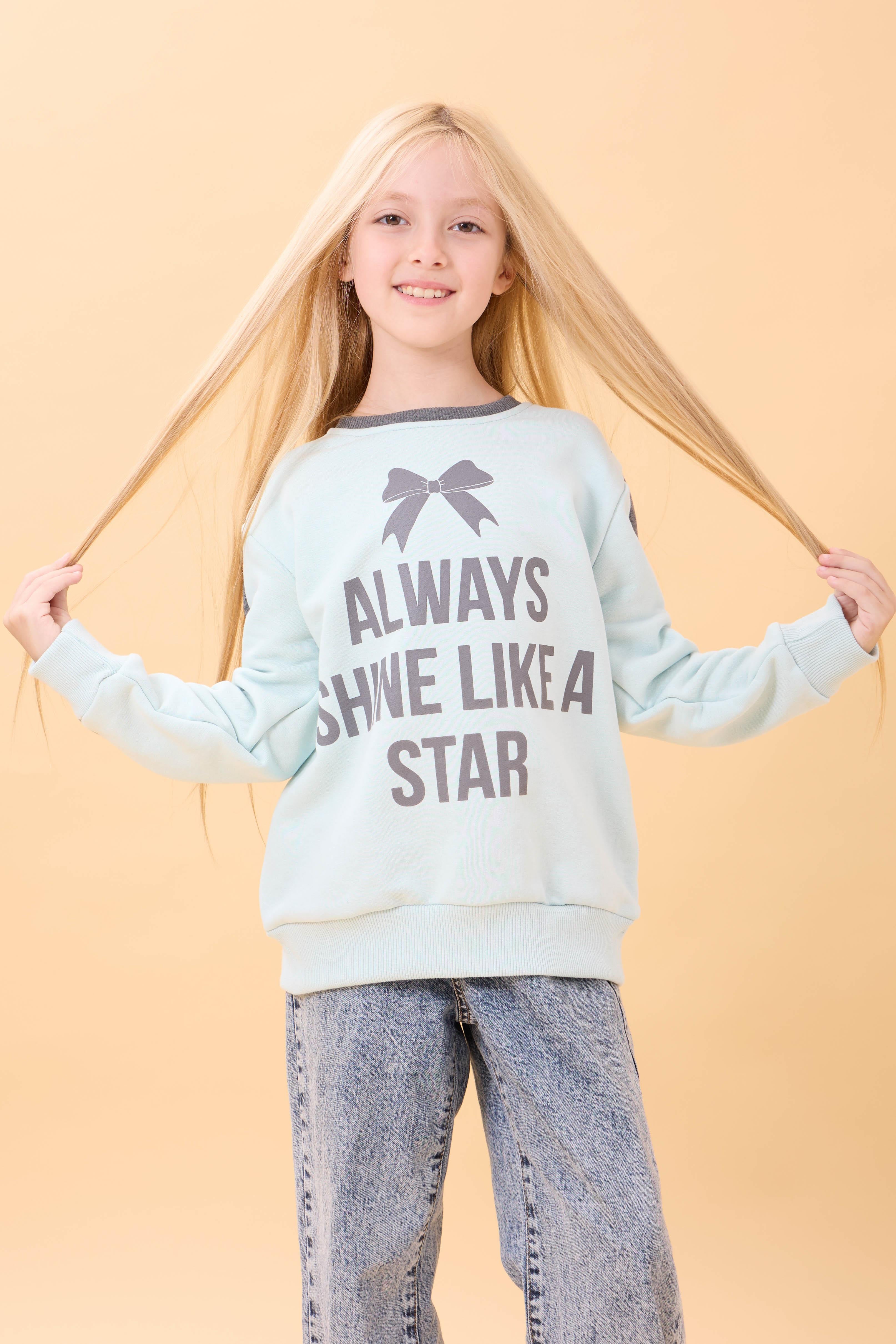 Kız Çocuk Baskılı Bisiklet Yaka Mevsimlik Sweatshirt Mint Yeşili