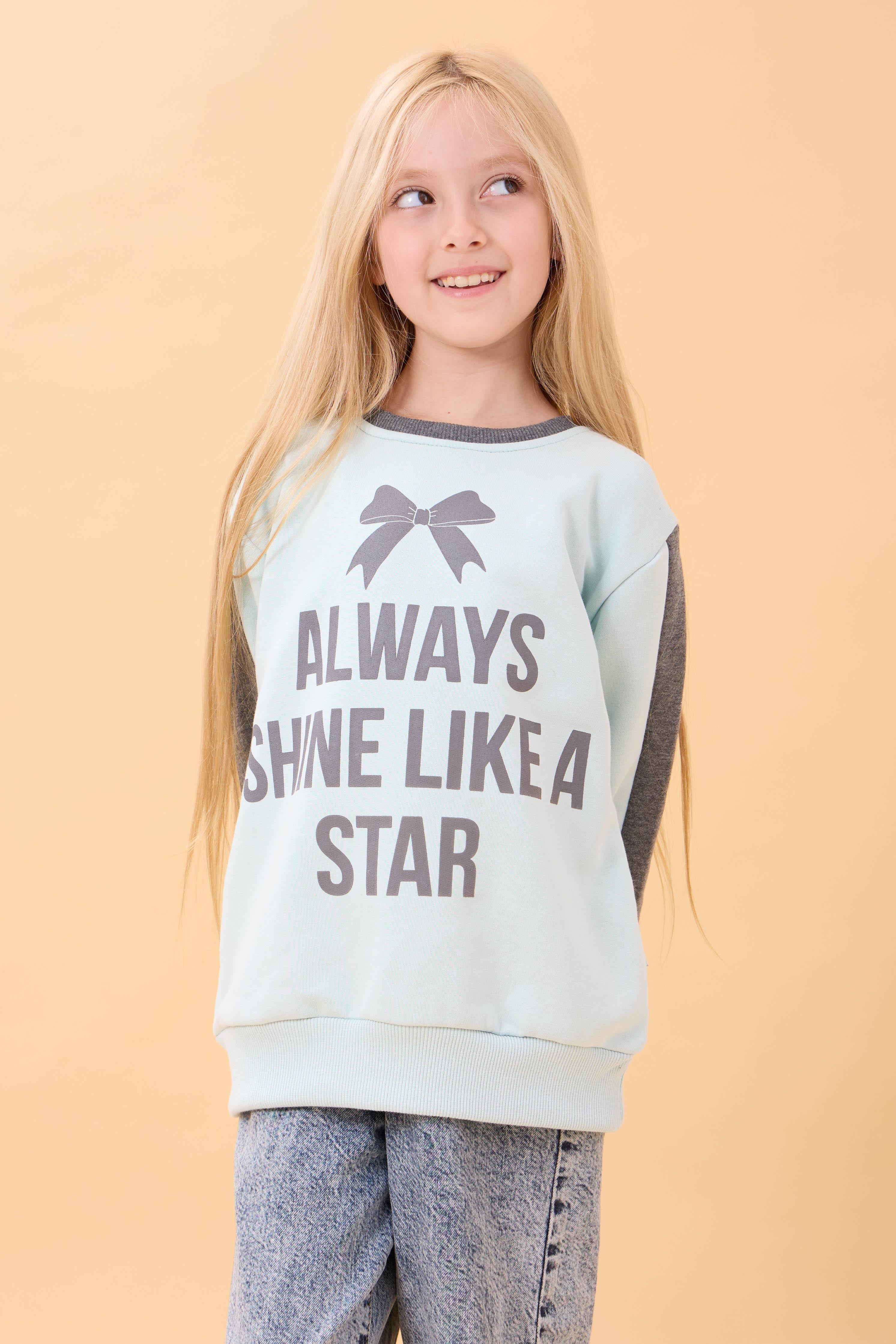 Kız Çocuk Baskılı Bisiklet Yaka Mevsimlik Sweatshirt Mint Yeşili