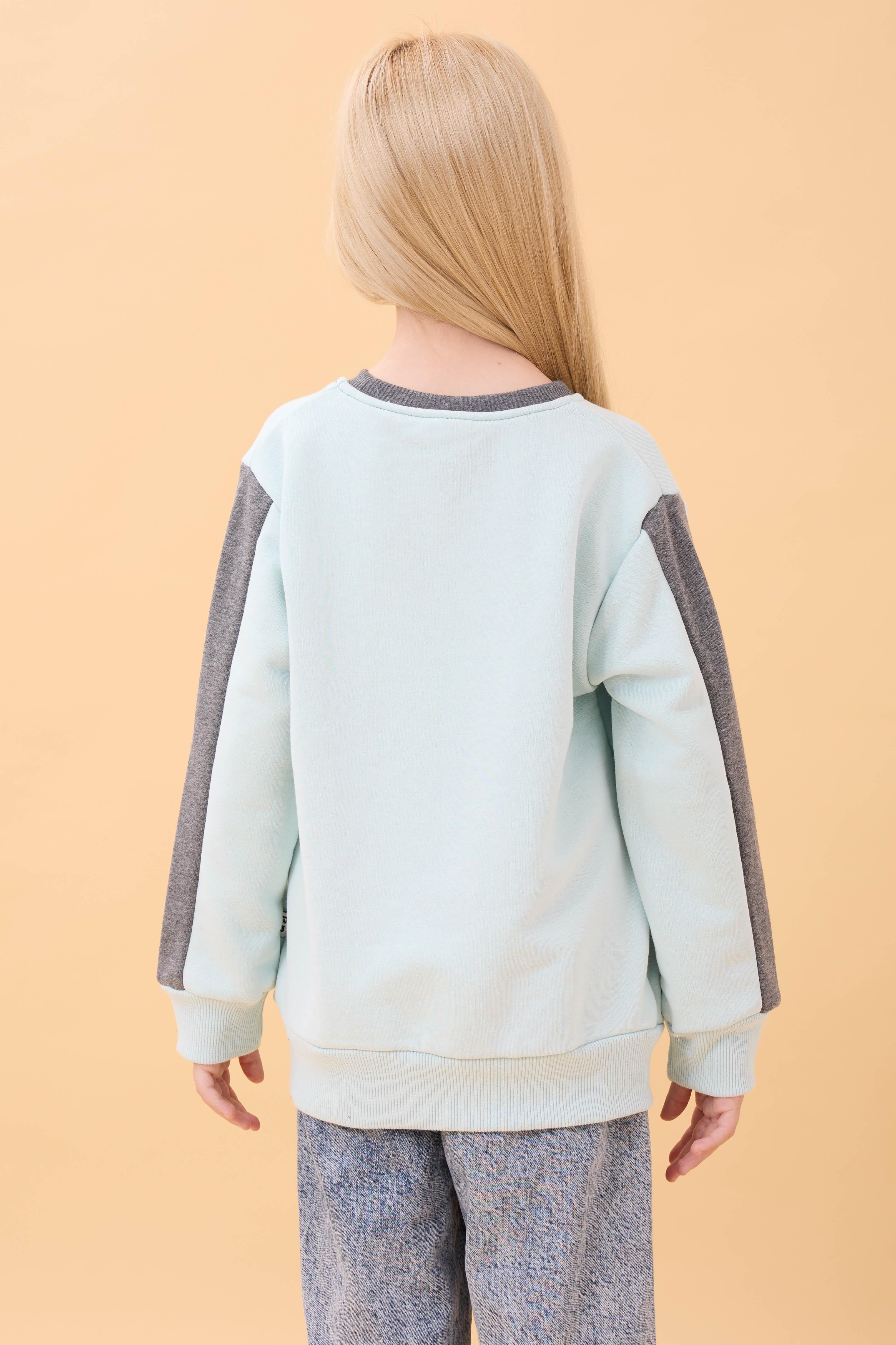 Kız Çocuk Baskılı Bisiklet Yaka Mevsimlik Sweatshirt Mint Yeşili