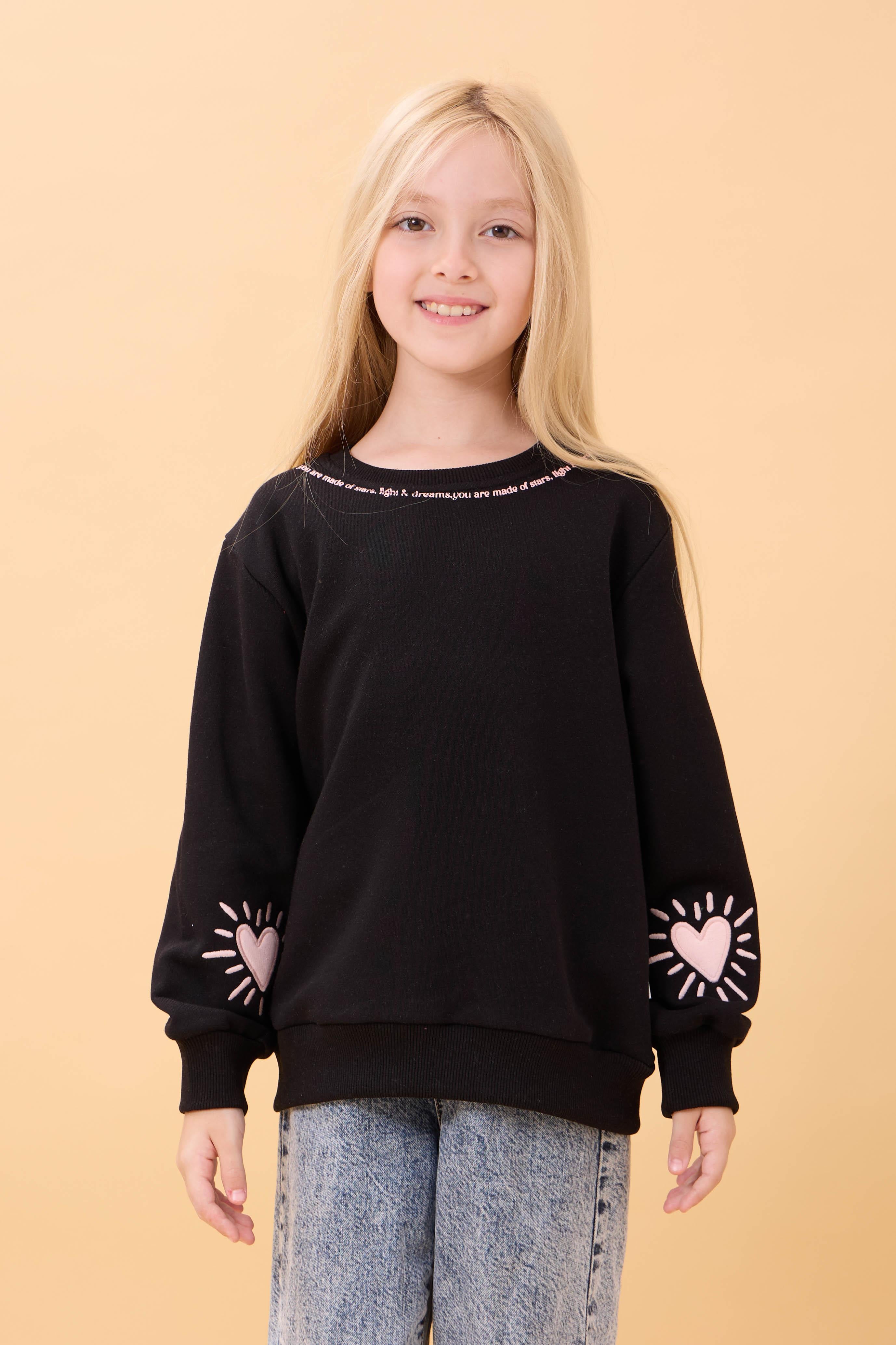 Kız Çocuk Baskılı Bisiklet Yaka Mevsimlik Sweatshirt Siyah