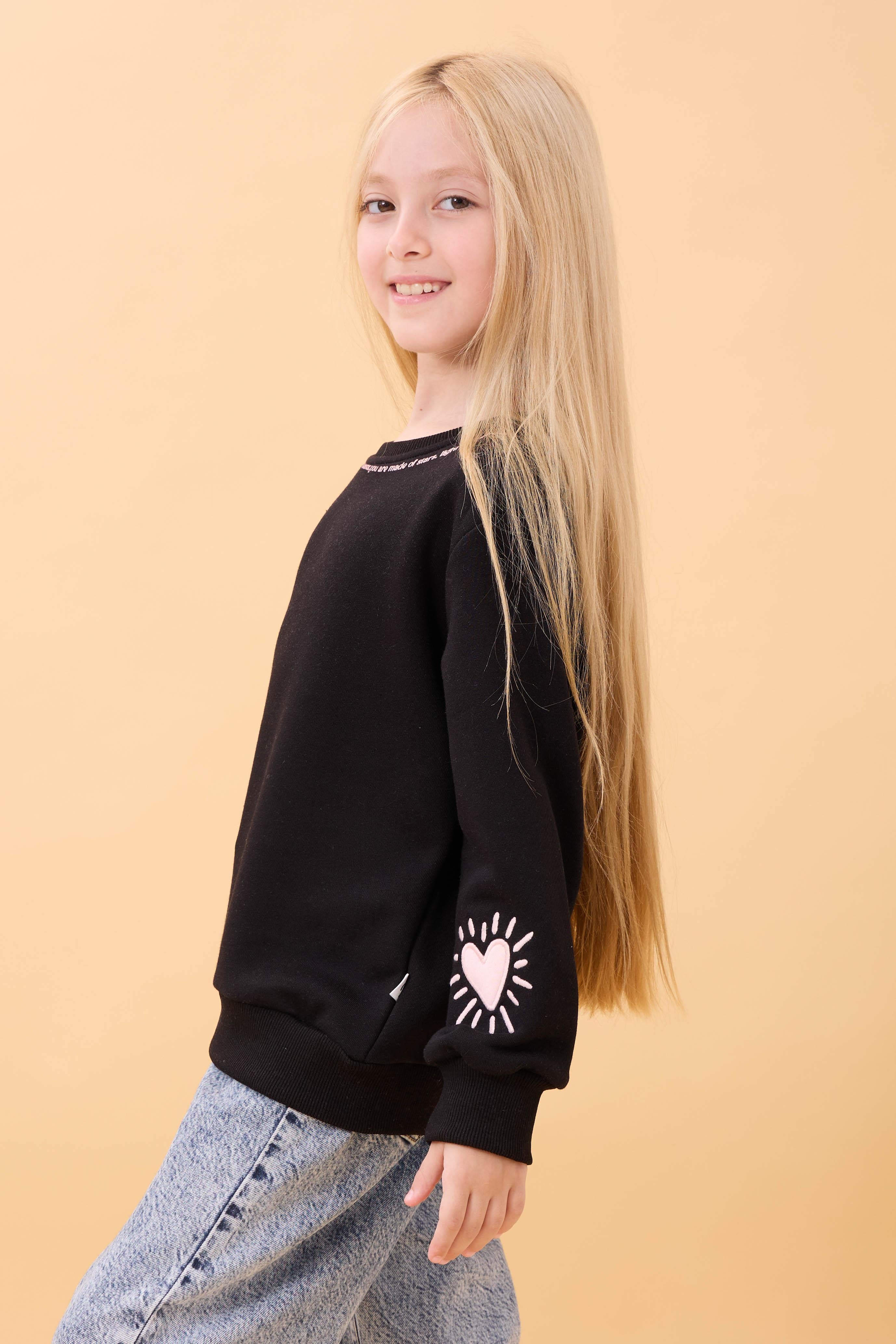 Kız Çocuk Baskılı Bisiklet Yaka Mevsimlik Sweatshirt Siyah