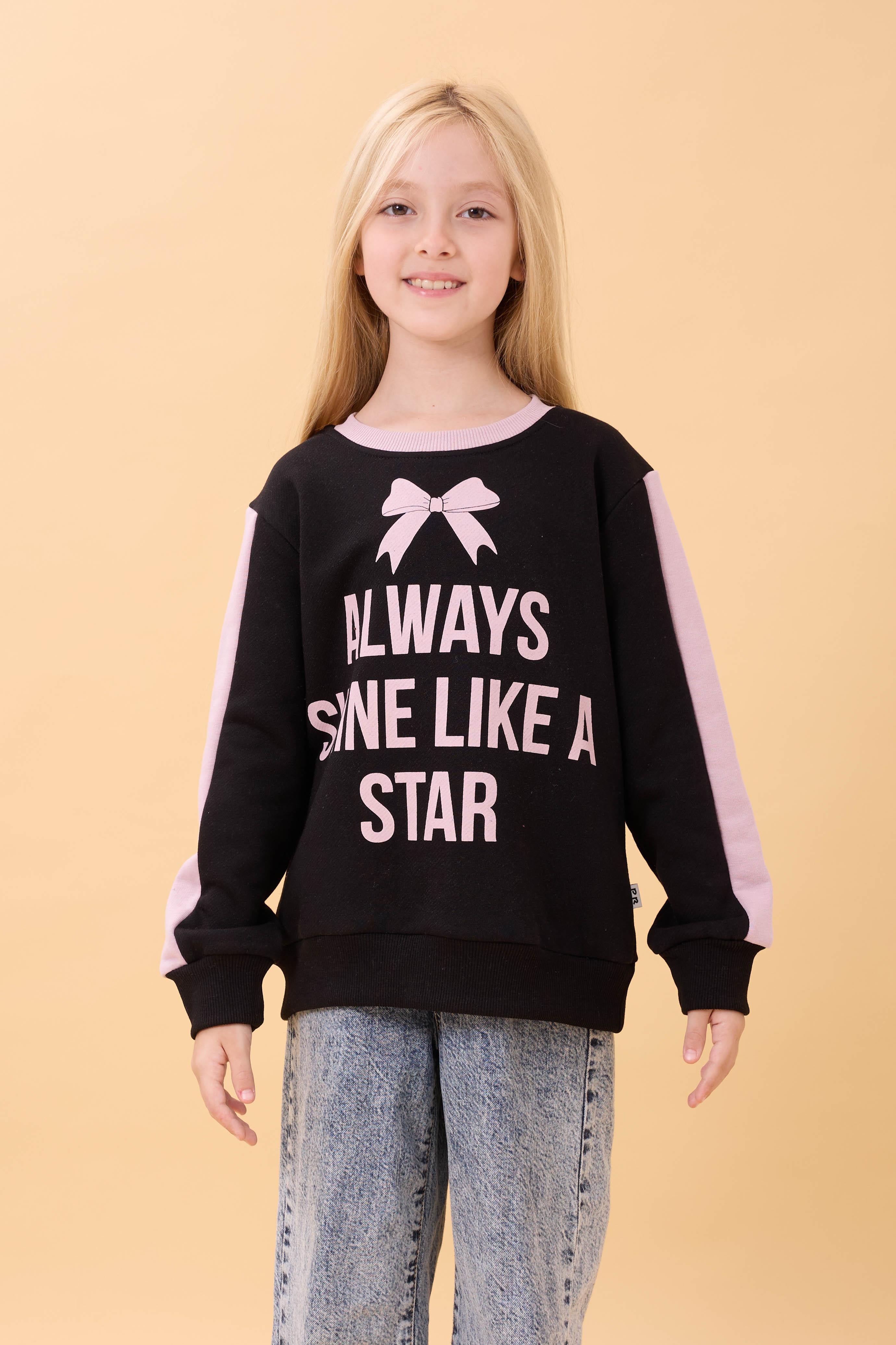 Kız Çocuk Baskılı Bisiklet Yaka Mevsimlik Sweatshirt Siyah